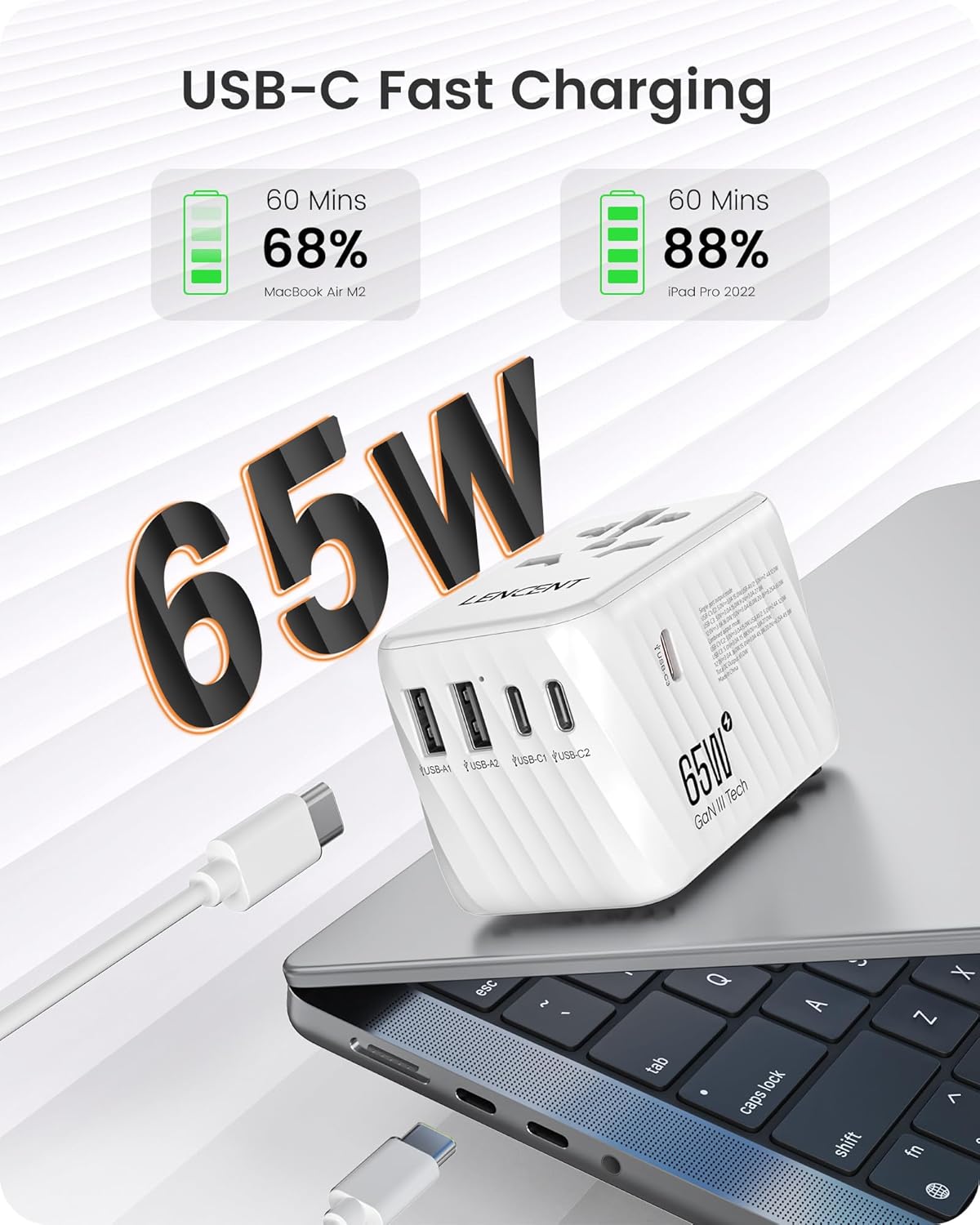 LENCENT International Travel Adapter, 65W GaN3 Universal Fast Charger with 2 USB A + 3 Type C PD