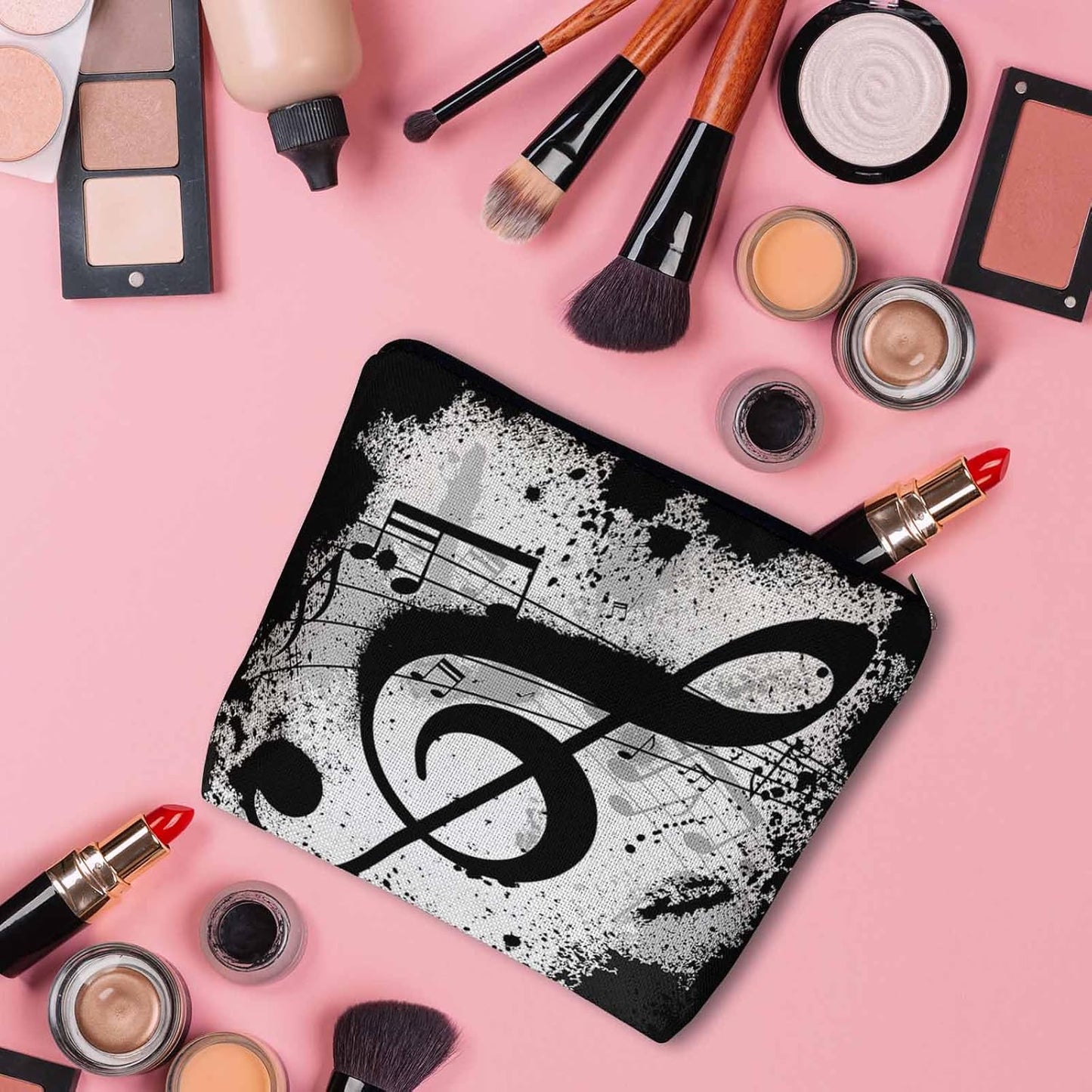 Music Notes Makeup Organizer Bag Cosmetic Bag For Men Women, Grunge Musical Notes Melody Black Travel Toiletry Bag Flax Makeup Bags Purse Business Makeup Pouch For Toiletries Cosmetics
