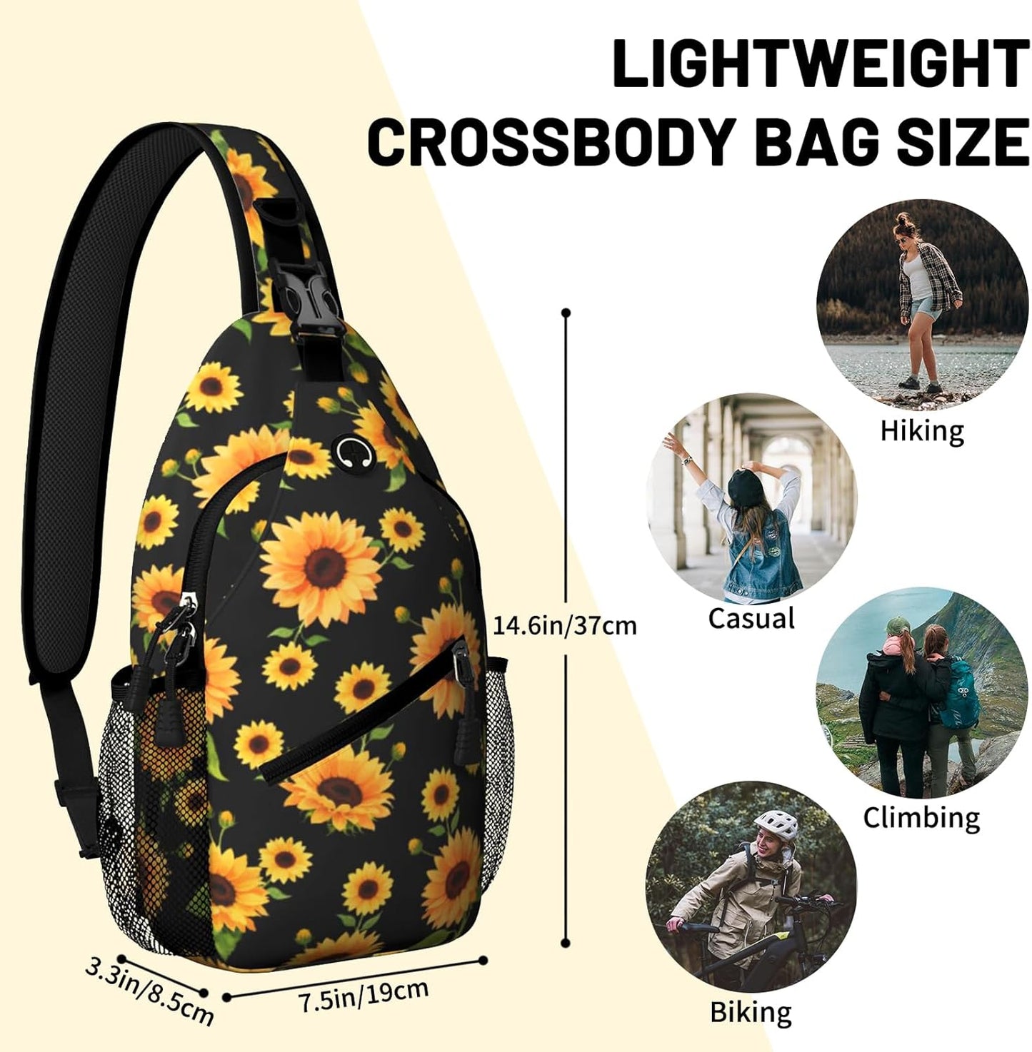 Black Yellow Sunflower Sling Bag Crossbody Chest Bag for Women Men, Water Resistant Lightweight