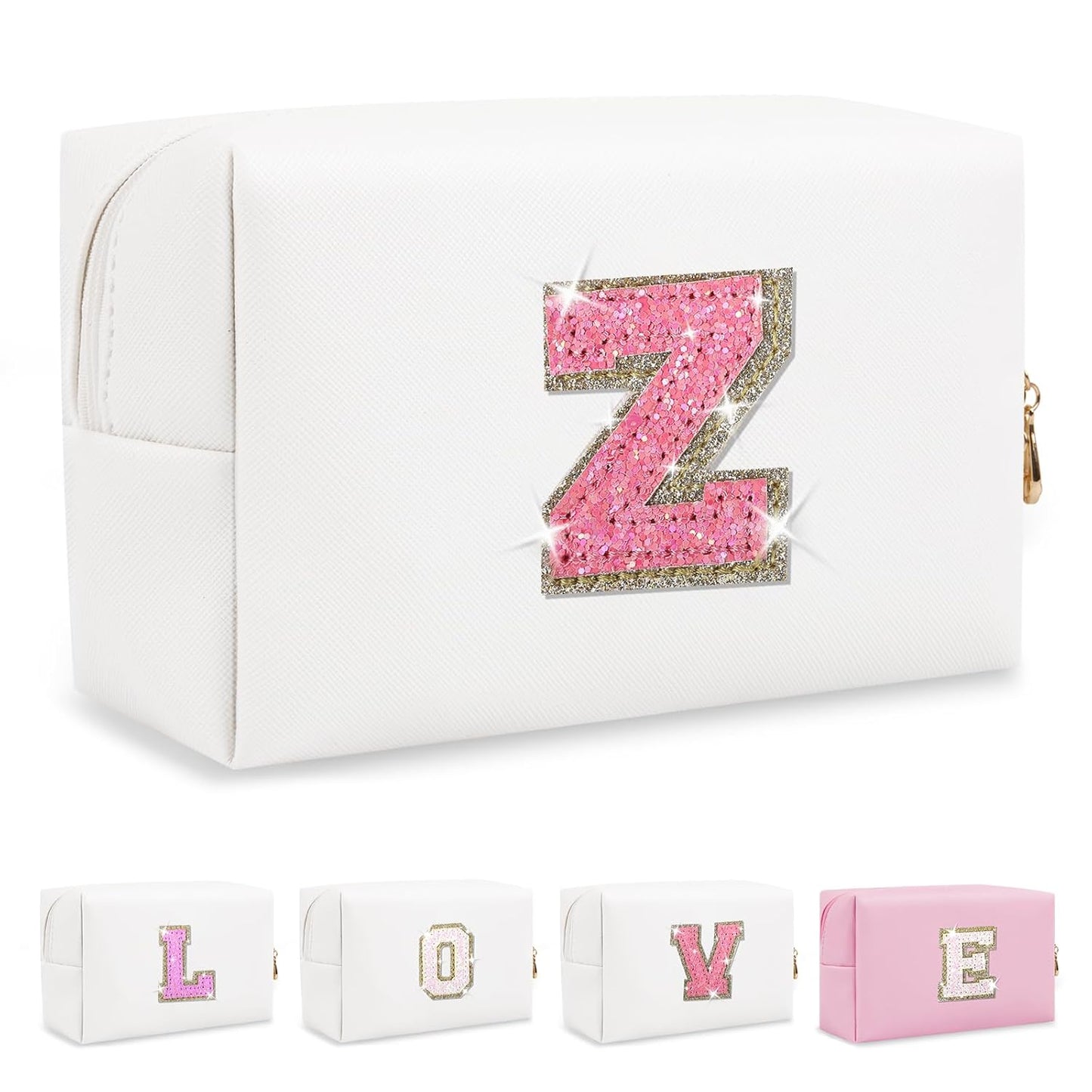 Small Initial Patch Makeup Bag Personalized Gifts Make Up Bag,White Cute PU Leather Glitter Letter Cosmetic Bag with Zipper,Trendy Portable Travel Toiletry Pouch,Preppy Stuff for Teen Girls Women Z