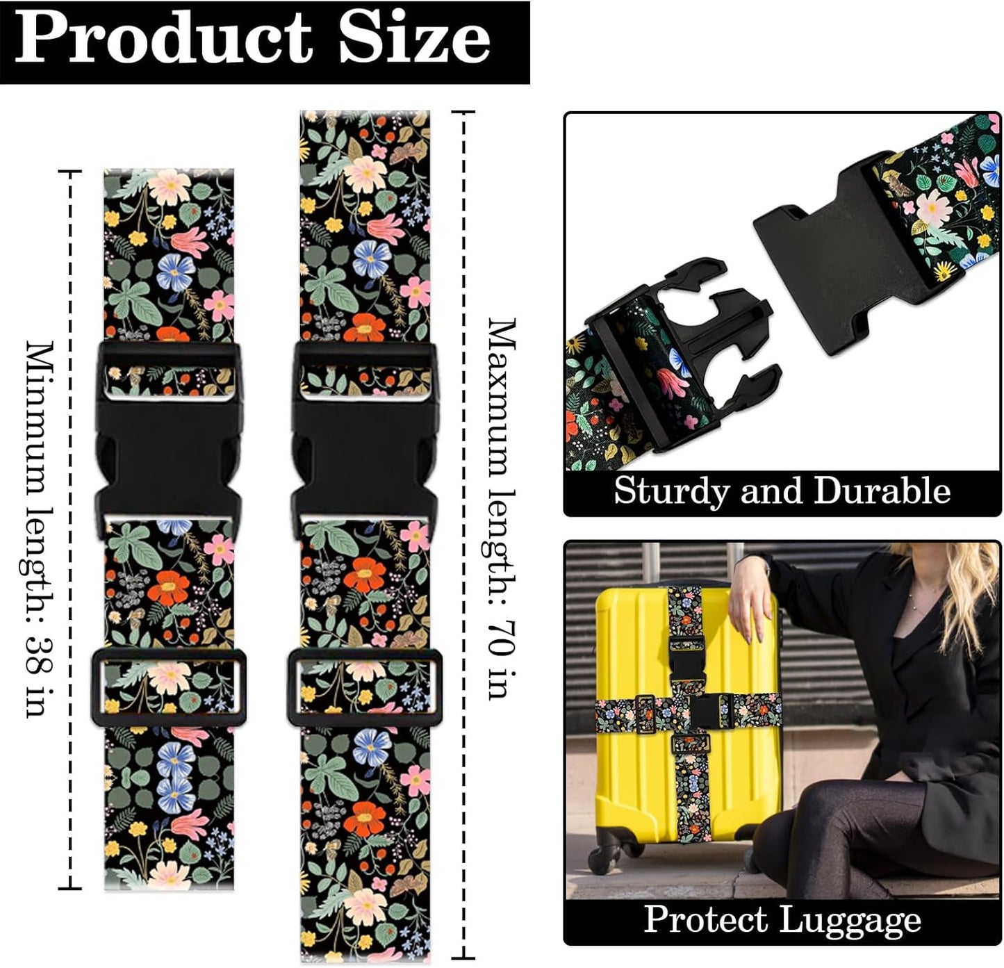 Wildflower Luggage Straps for Suitcases TSA Approved, Luggage Identifiers for Suitcase, Adjustable Suitcase Strap for Baggage Security with Cute Patten, Travel Necessary Accessories