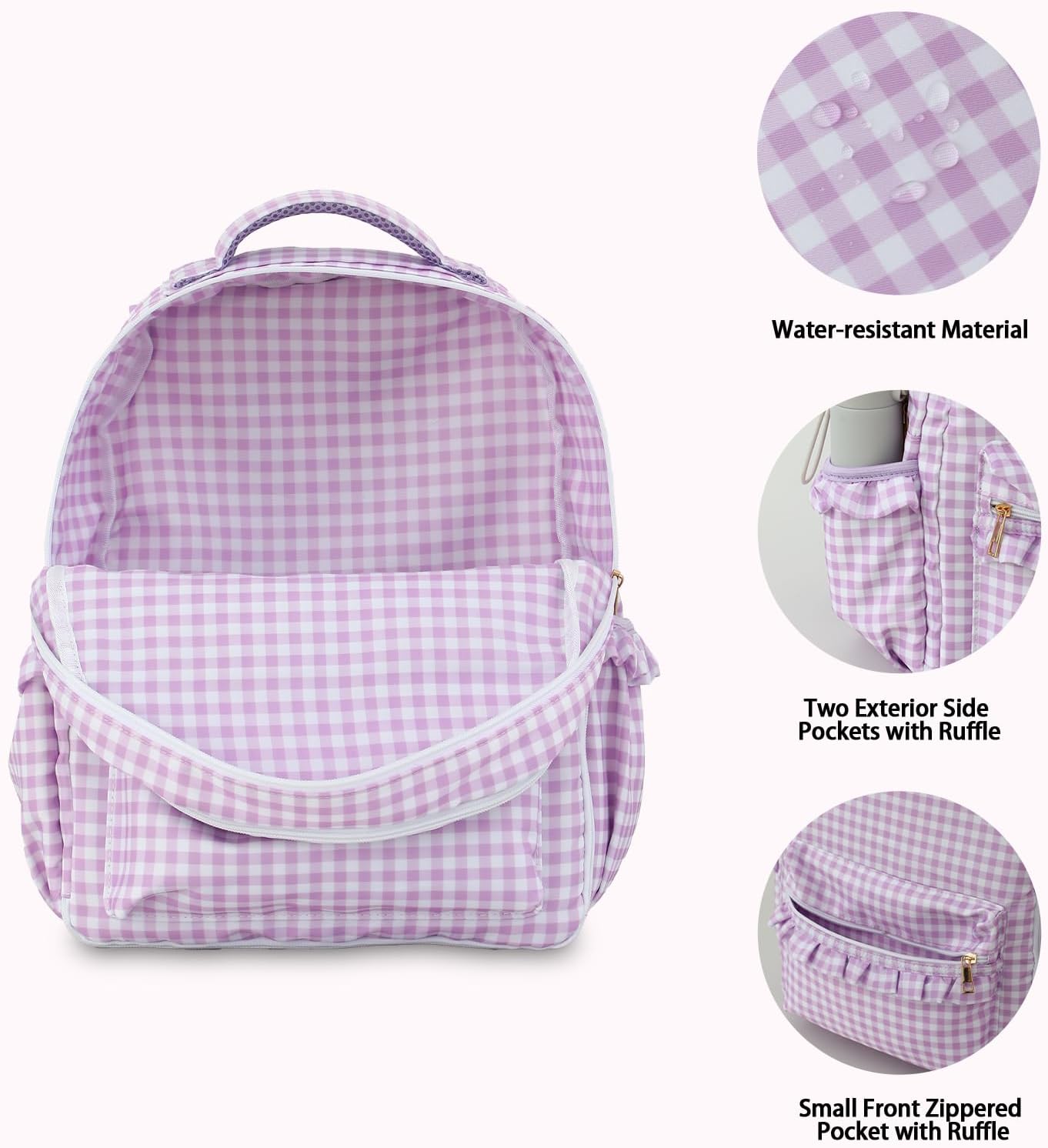 DYSHAYEN Kids Backpack for Girls, 15" Ruffled Backpack for School Kindergarten Bookbag 5-8, Fully Opened Compartment (Purple Gingham)