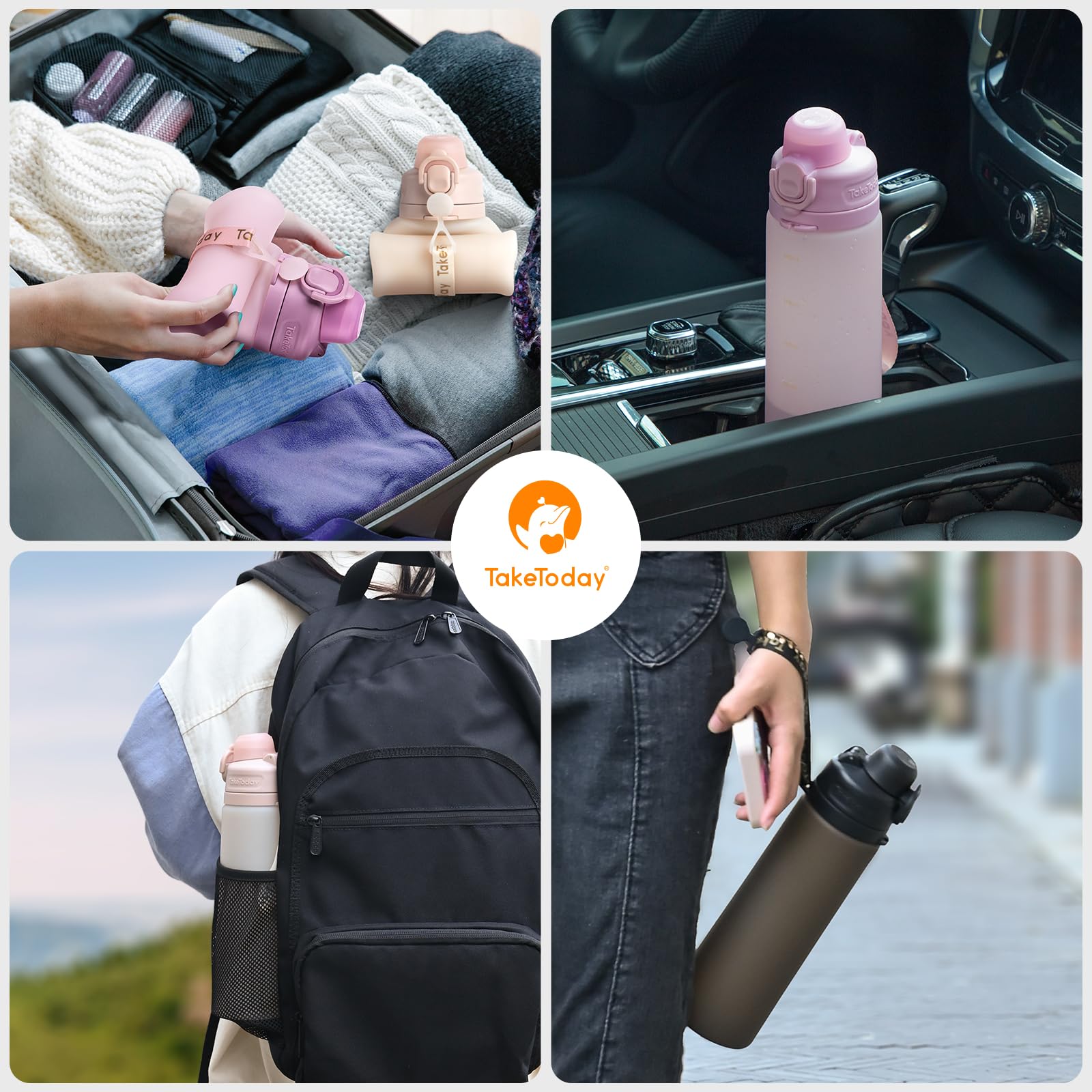 TakeToday Collapsible Water Bottles with Straw for Travel, 21oz, Sand