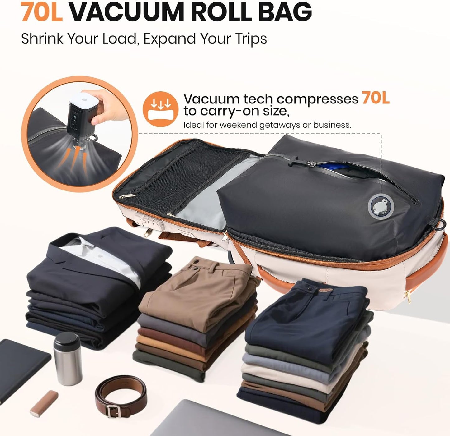 Fanwoli Vacuum Rolling Travel Backpack, Carry On Luggage with TSA Lock & Anti Theft Zipper, 70L Expandable Airback with Compression Pump, Waterproof Laptop Bag Ideal for Flight & Business