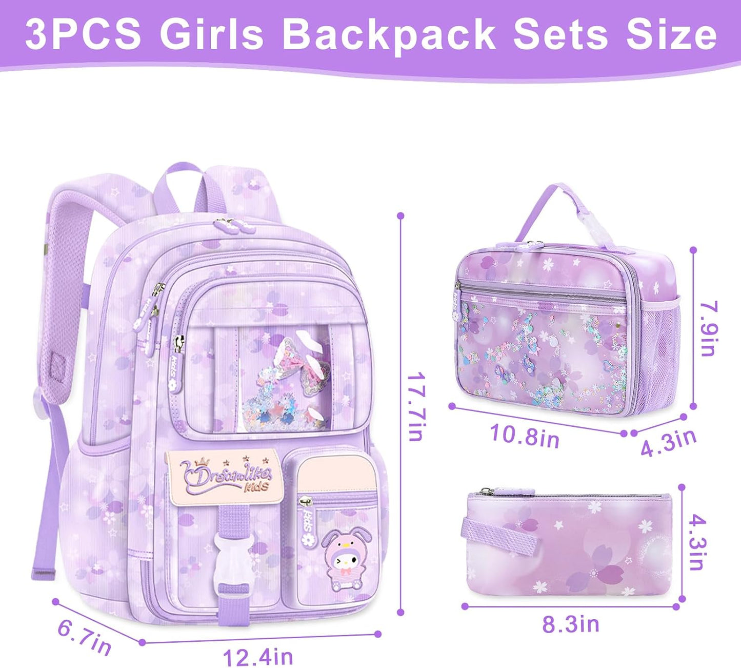 Backpack for Girls 3pcs Set, Kids Backpack for Girls with Lunch Box Pencil Case Set for Teens Elementary Middle School Bags (Purple-3 Piece Set-1)