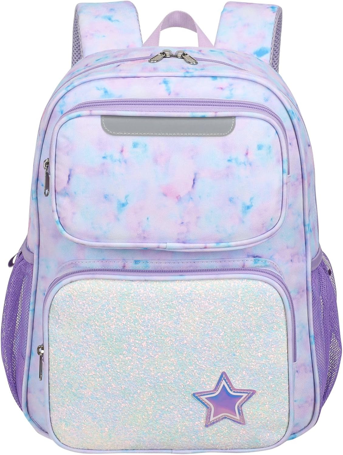 Kids Backpack for Girls - 15 Inch Backpack for Kids 3 to 8, Lightweight Bookbag for Preschool Kindergarten Elementary School, Insulated Pocket, Safe Reflective Stripe, Purple Tie-dye