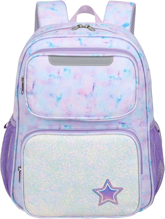 Kids Backpack for Girls - 15 Inch Backpack for Kids 3 to 8, Lightweight Bookbag for Preschool Kindergarten Elementary School, Insulated Pocket, Safe Reflective Stripe, Purple Tie-dye