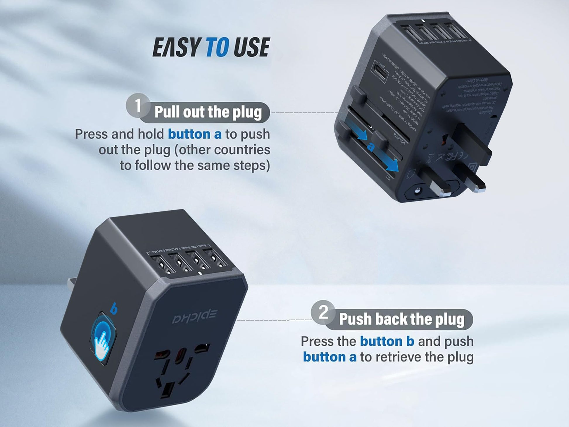 EPICKA Universal Travel Adapter with 1AC/1 USB-C/4 USB-A Ports