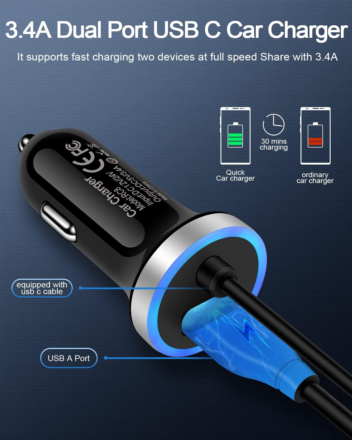 Cell Phone Car Charger for Samsung Galaxy A17 A16 A25 A15 5G A13 A14 A24 A03s S25 S24 S23 Ultra iPhone 17 16e 16 15, USB C Cigarette Lighter Adapter Usbc Cord Fast Charging Typec Cargador Cable Auto