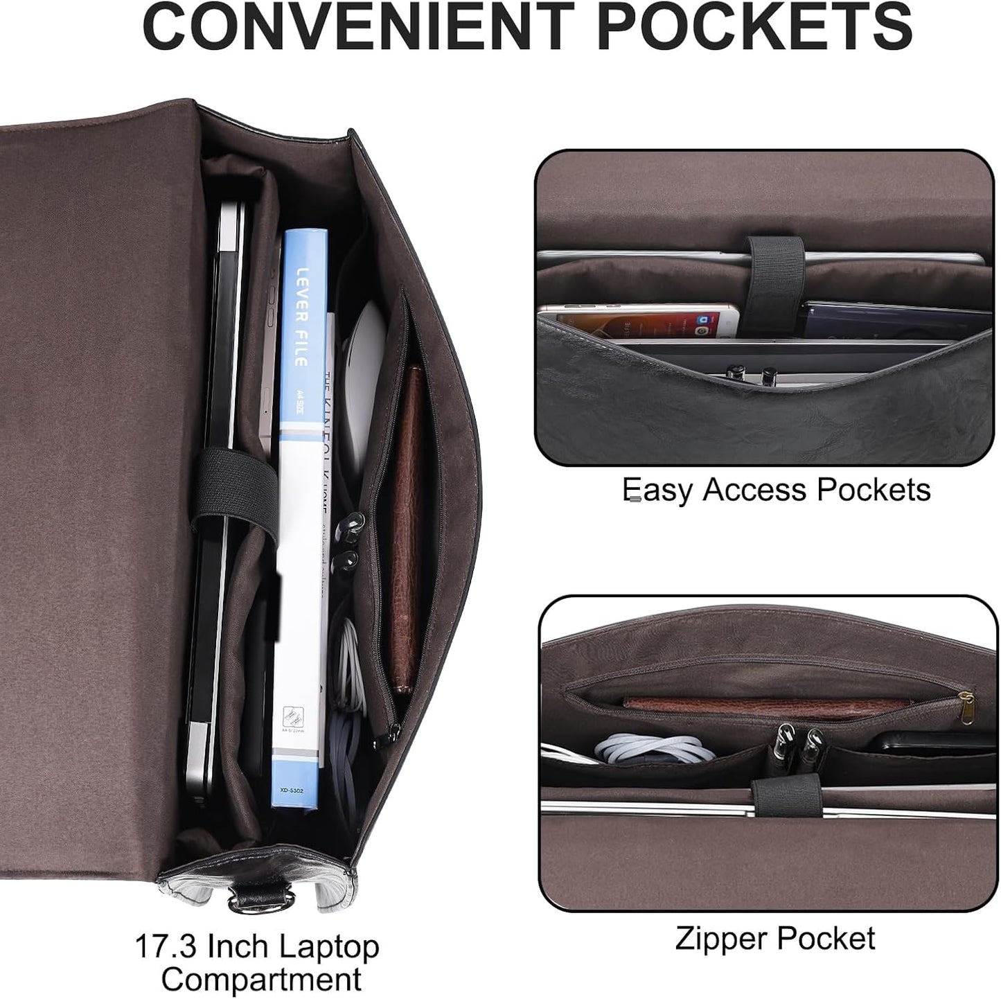 ESTARER Mens Leather Briefcase 17.3 Inch Laptop Messenger Bag, Water-Resistant Computer Messenger Shoulder Bag for Work/Office/College, Black