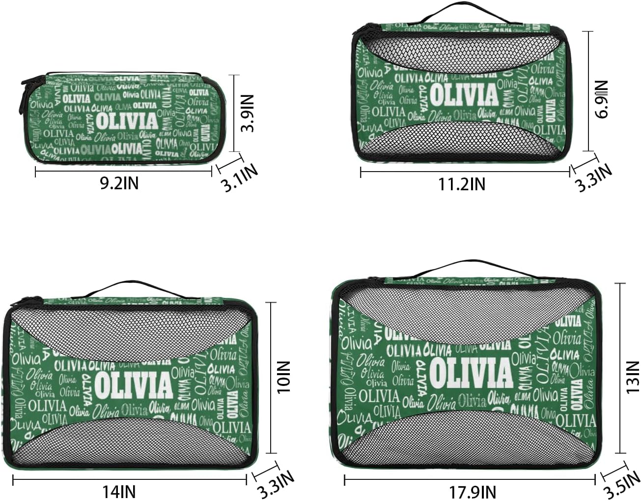 Personalized Compression Packing Cubes with Name, 4 Set Mesh Travel Organizer Bags for Carry on Women Men Boys, Luggage, Suitcase, Forest Green Solid Color