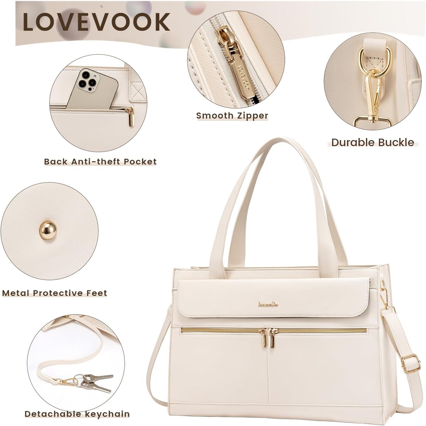 LOVEVOOK Laptop Bag for Women 15.6 Inch Tote Work Professional Leather Computer Briefcase Waterproof Handbag Shoulder Large Capacity Business Teacher Office Crossbody Purse, 206# Beige White