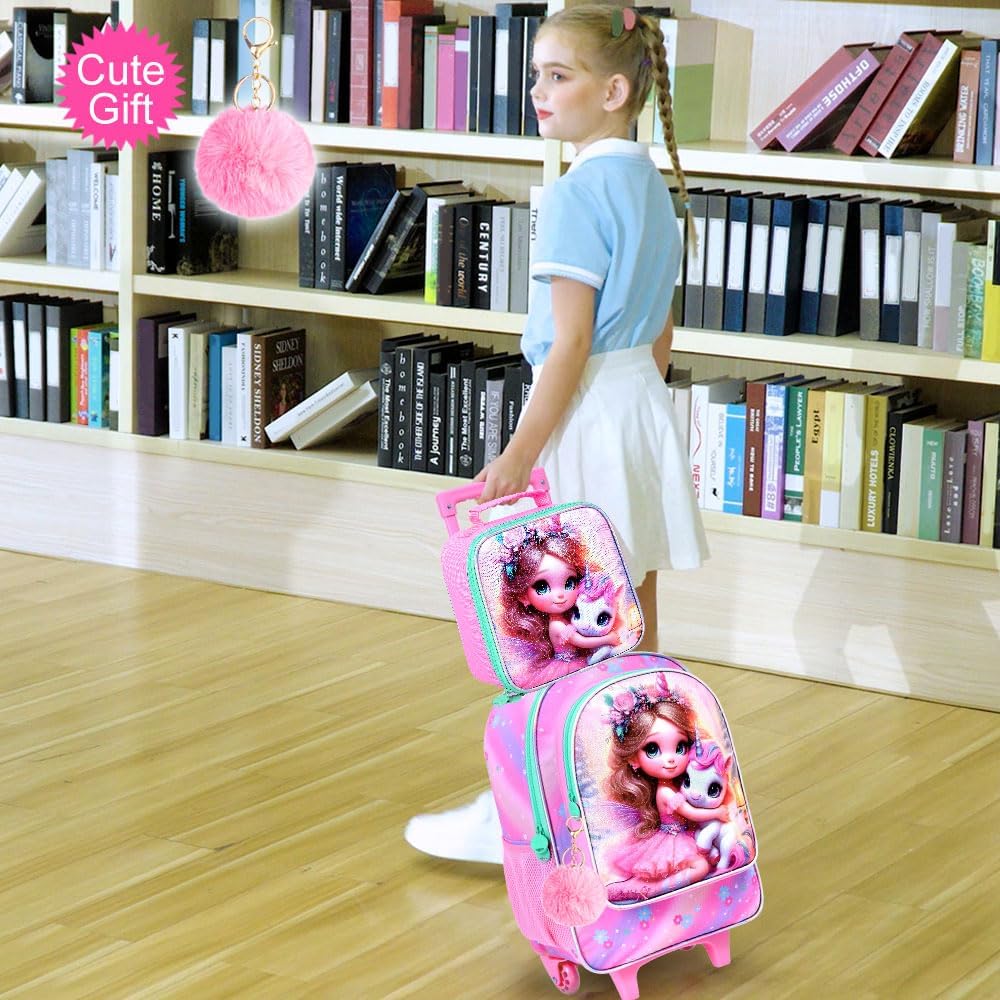 3PCS Rolling Backpack for Girls and Boys, Kids Roller Wheels Bookbag, Wheeled Elementary School Bag with Lunch Bag