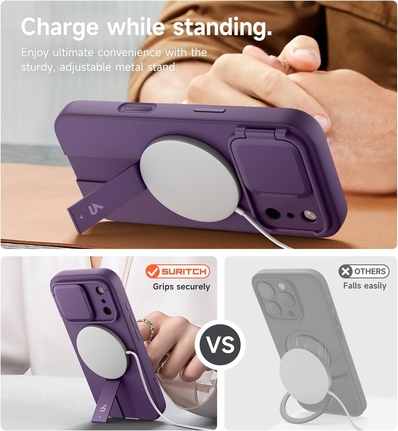 SURITCH for iPhone 17 Pro Max Case with Camera Control Cover, Camera Cover and Adjustable Kickstand, Compatible with MagSafe, Shockproof Bumper Protective Cases 6.9 Inch, Dark Purple