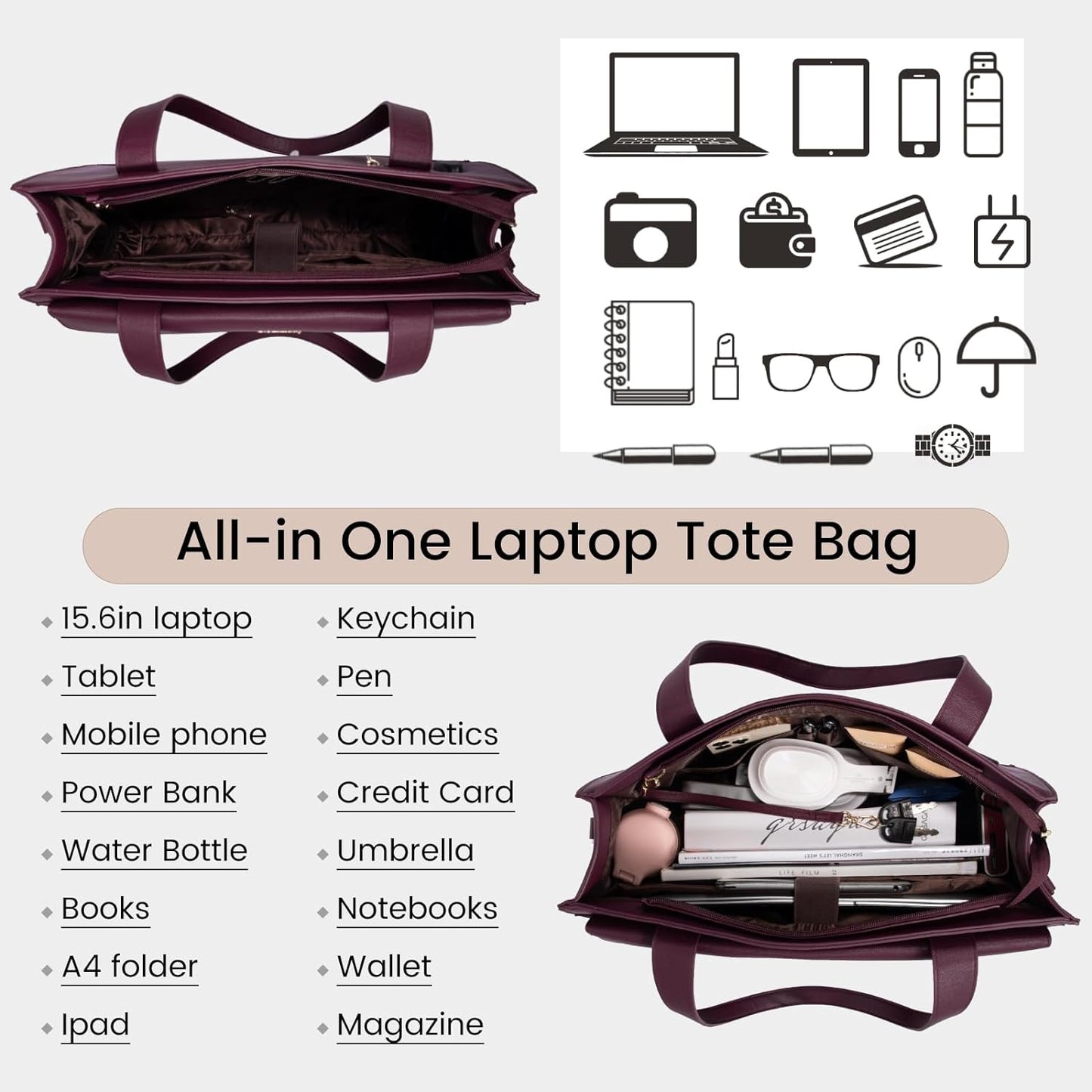 LOVEVOOK Laptop Tote for Women - 15.6 Inch Professional Leather Computer Briefcase, Waterproof Shoulder Bag, Large Capacity Business Teacher Office Bag, Crossbody Purse - Fuchsia