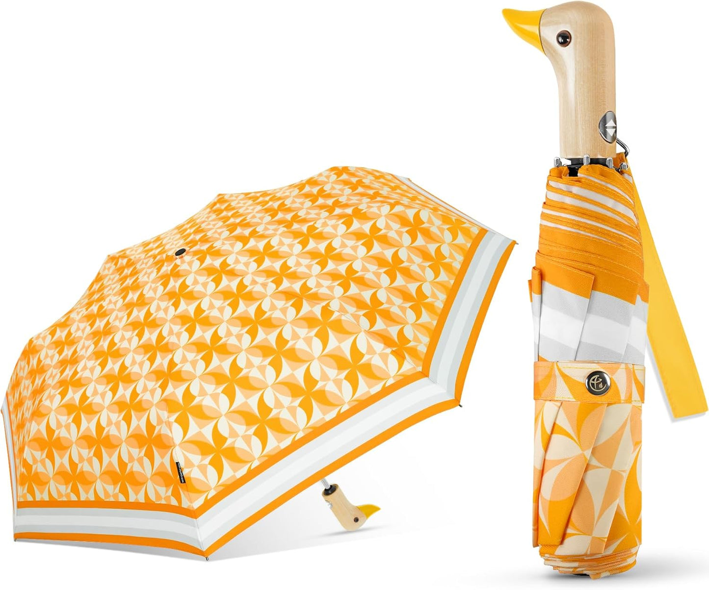 Cute Duck Umbrella Automatic - Compact Pretty Pocket Size Strong Duck Collapsible Umbrella Yellow Wooden Handle for Women