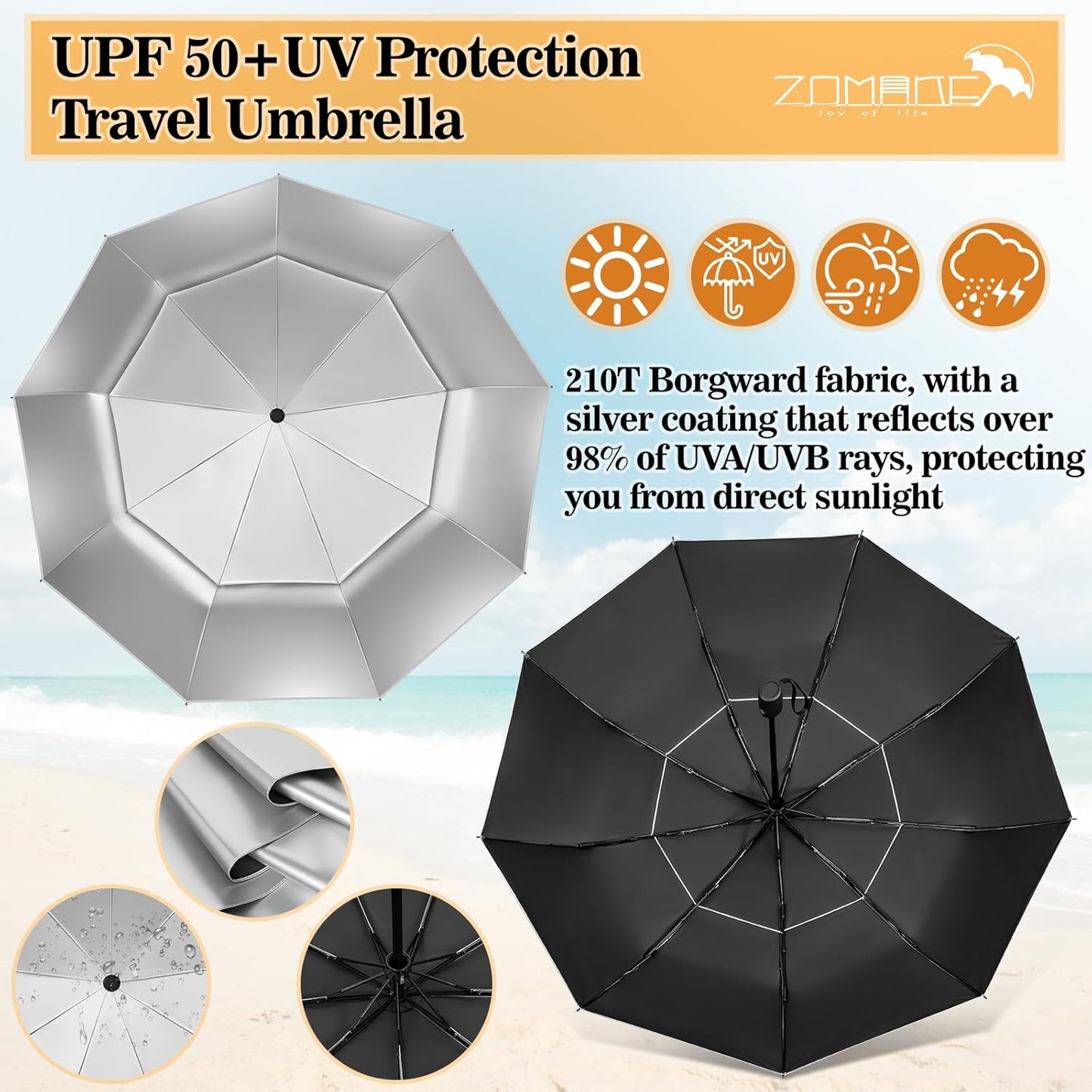 ZOMAKE UV Umbrella for Sun Protection UPF 50+,Travel Compact Sun Umbrellas UV Blocking Small Auto Open Portable for Walking