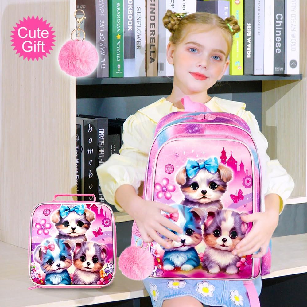 AGSDON 3PCS Backpacks for Girls, 16" Elementary Kids Cute Dog Backpack Preschool School Bookbags and Lunch Box