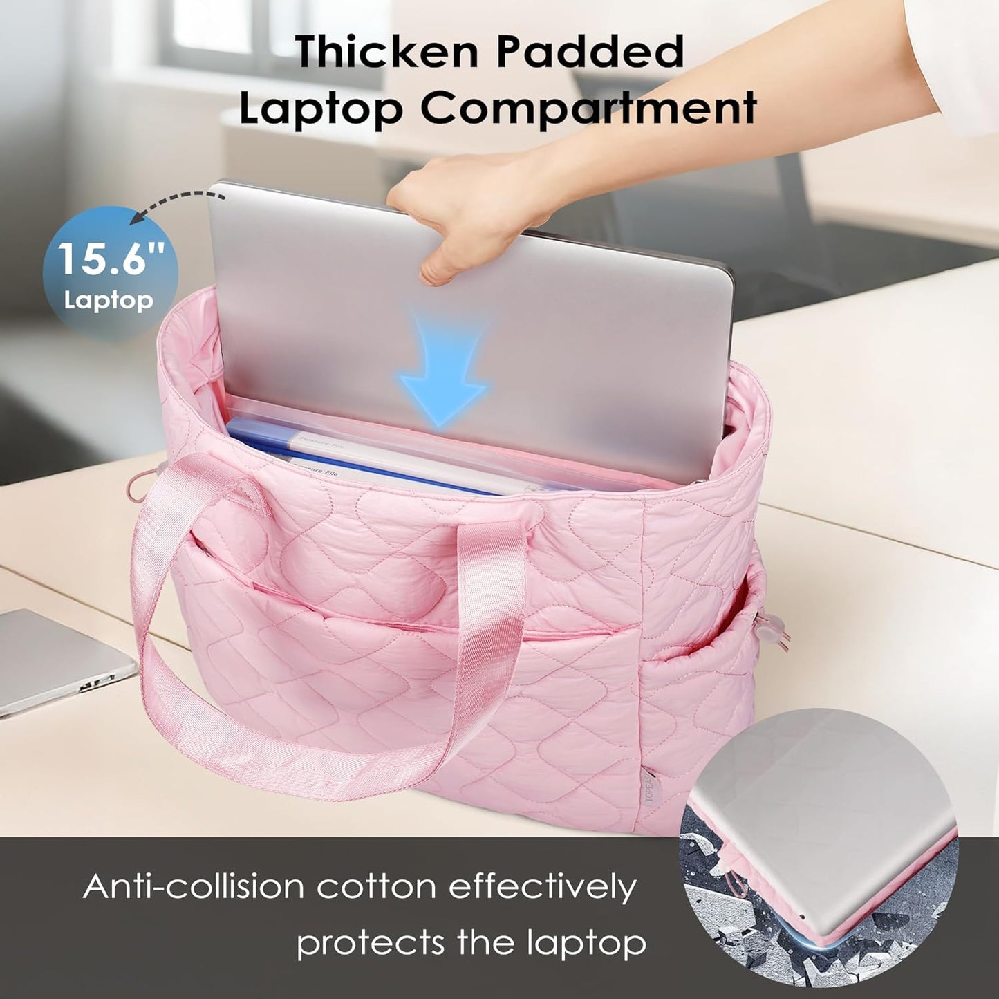 TOPEAST Tote Bag for Women Puffy Tote Travel Bag, Light 15.6" Laptop Work Handbag, Quilted Shoulder Bag Purse for Student Gym