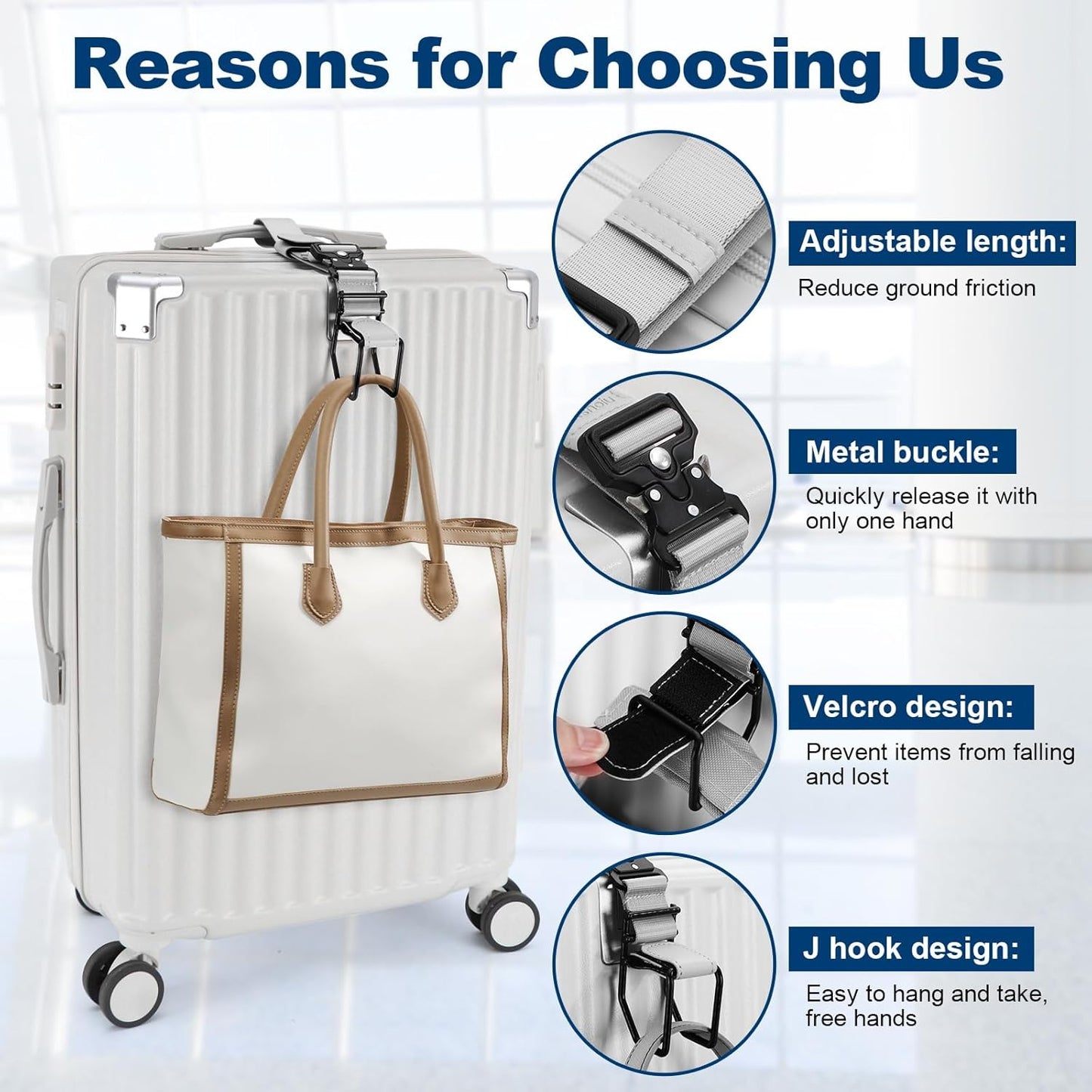 Luggage Hook Strap, J Hook for Luggage Strap Flight Attendant with Hands Free, Adjustable Travel Luggage Straps for Add a Bag Hook