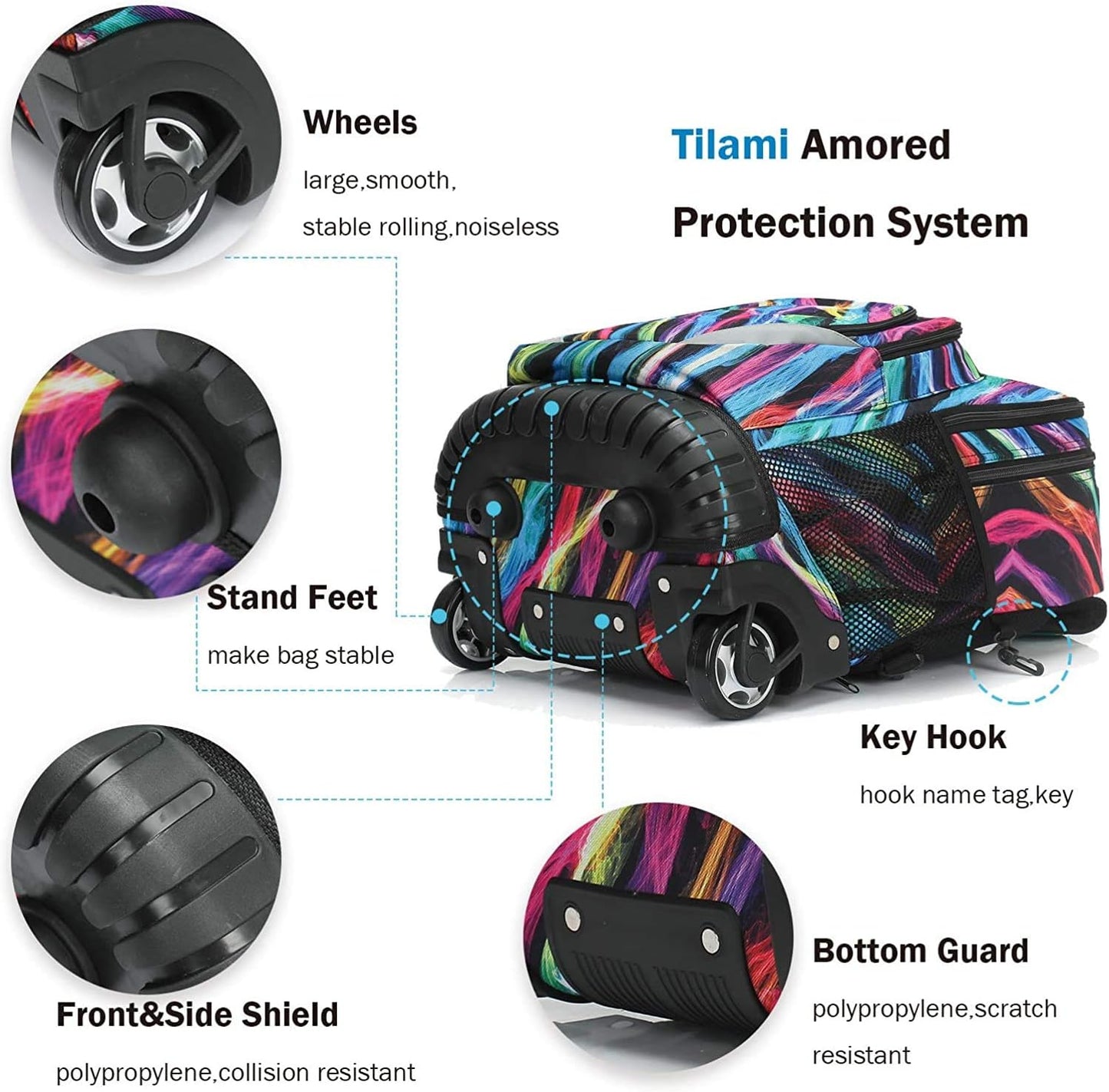 Tilami Rolling Backpack & Lunch bag for Kids 19 Inch Wheeled Bookbag for Boys & Girls for School & Travel,Multi colors