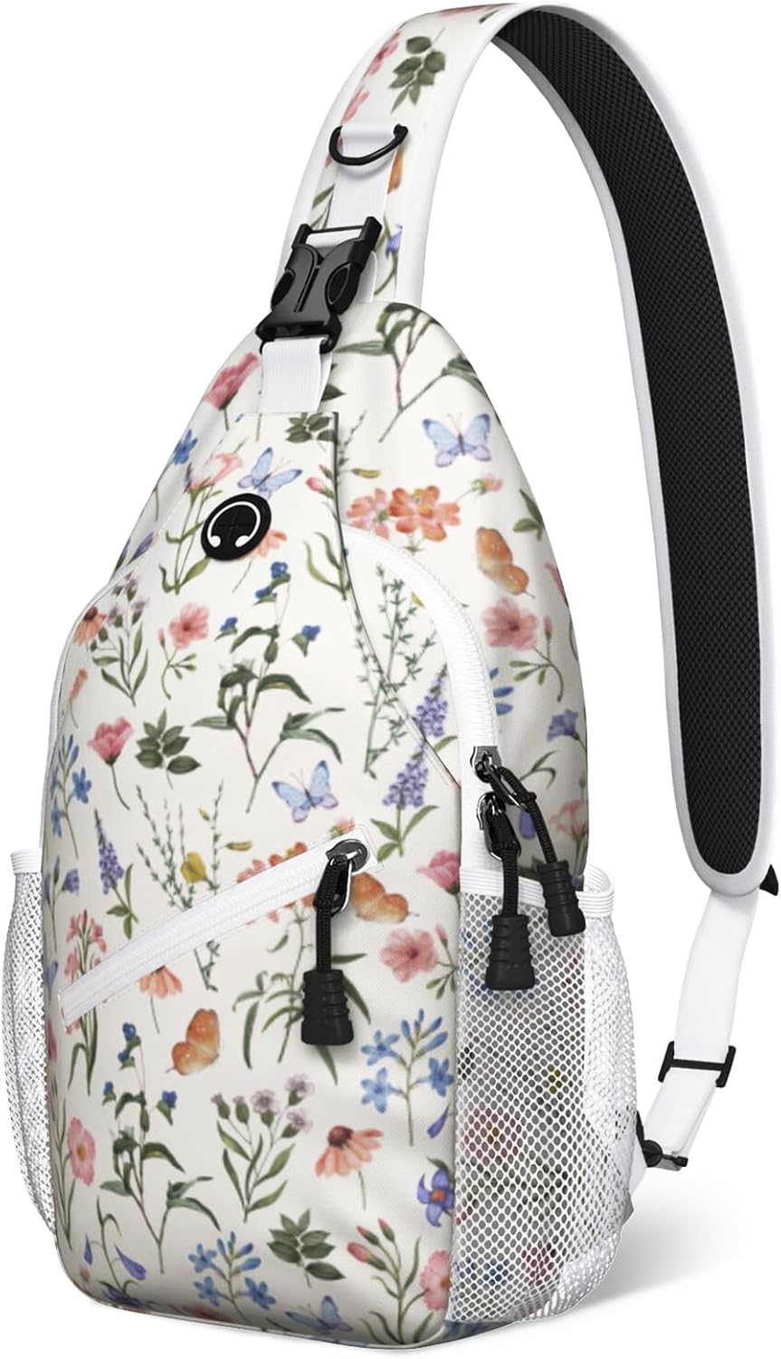 Beige Watercolor Floral Sling Bag Crossbody Chest Bag for Women Men, Water Resistant Lightweight Casual Crossbody Bag with Adjustable Strap, Travel Hiking Daypack Shoulder Backpack