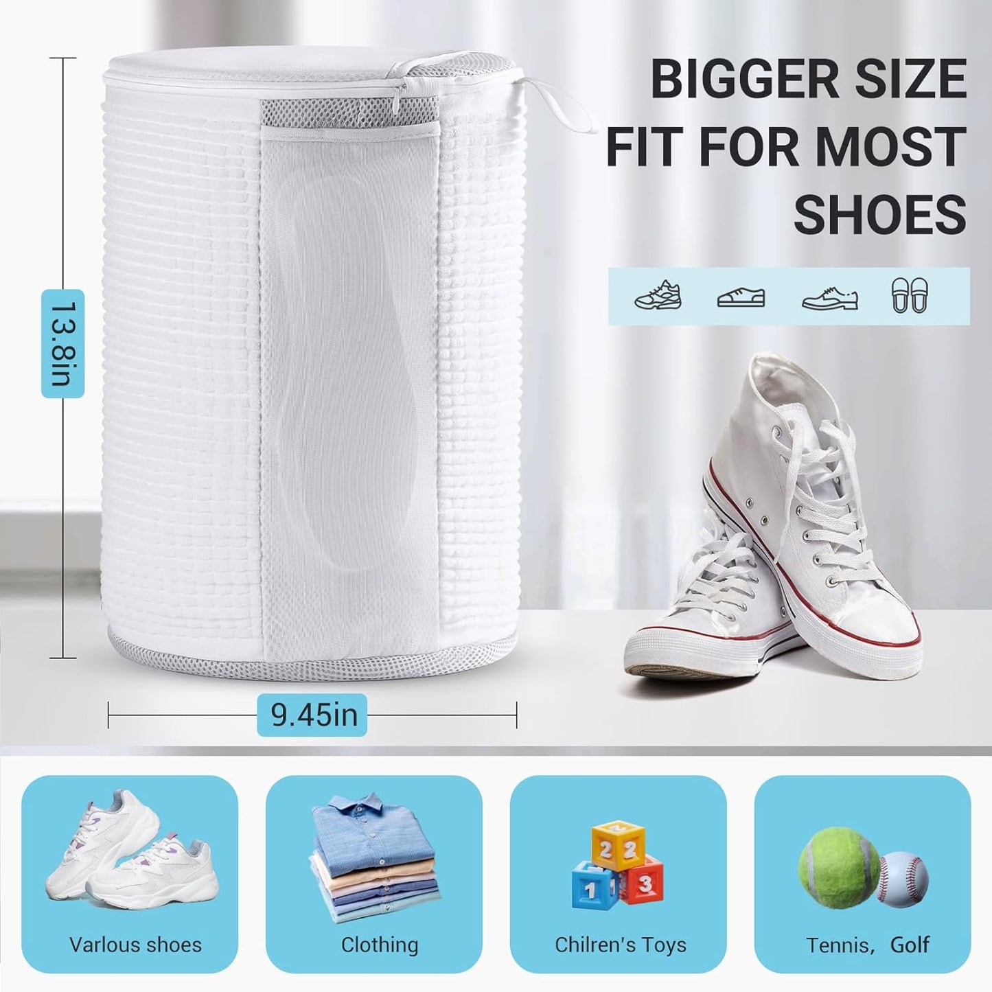 Large Shoe Bag for Washing Machine, Two-Zone Design, 2 Mesh Pockets, One-Step Wash for Complete