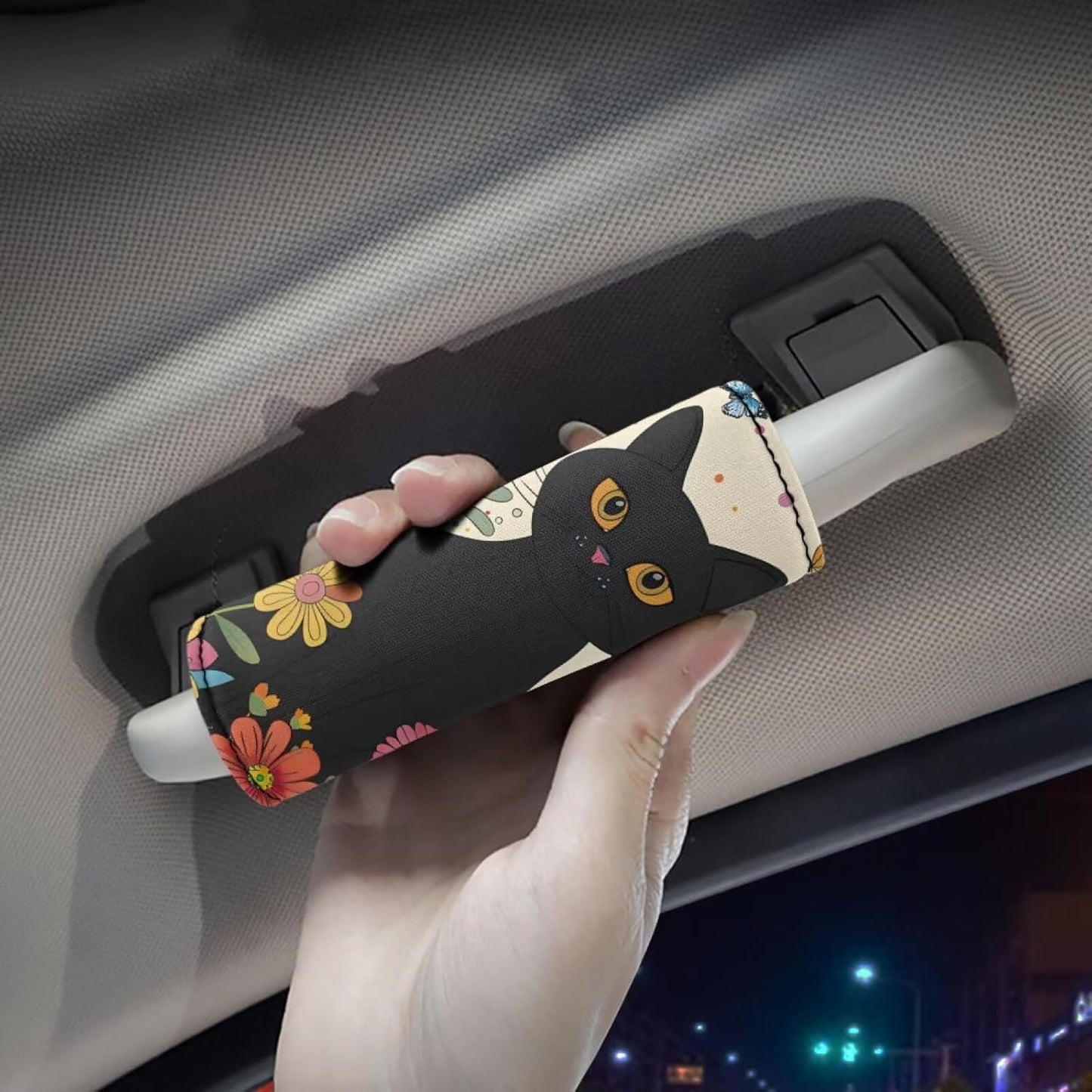 Cartoon Black Kitten Luggage Handle Protection Sleeve Cover Set of 2 Pcs,Neoprene Luggage Identifier for Suitcase Teens Adult Soft Trolley Case Grip Cover, Flower Door Handle Cover Set