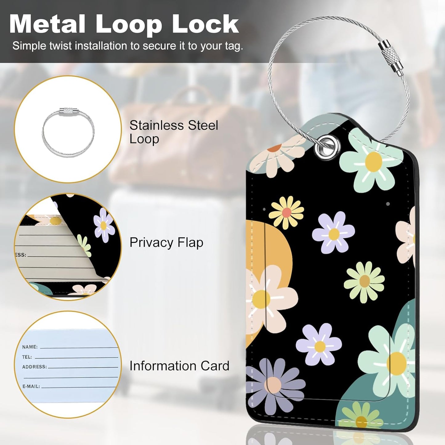 2Pack Luggage Tags for Suitcases, Cute Unique Pu Leather Cruise Luggage Tag with Privacy Cover ID Label Address Card and Metal Ring Suitable for Women Men Kids Travel Bag Colorful Little Flower 9