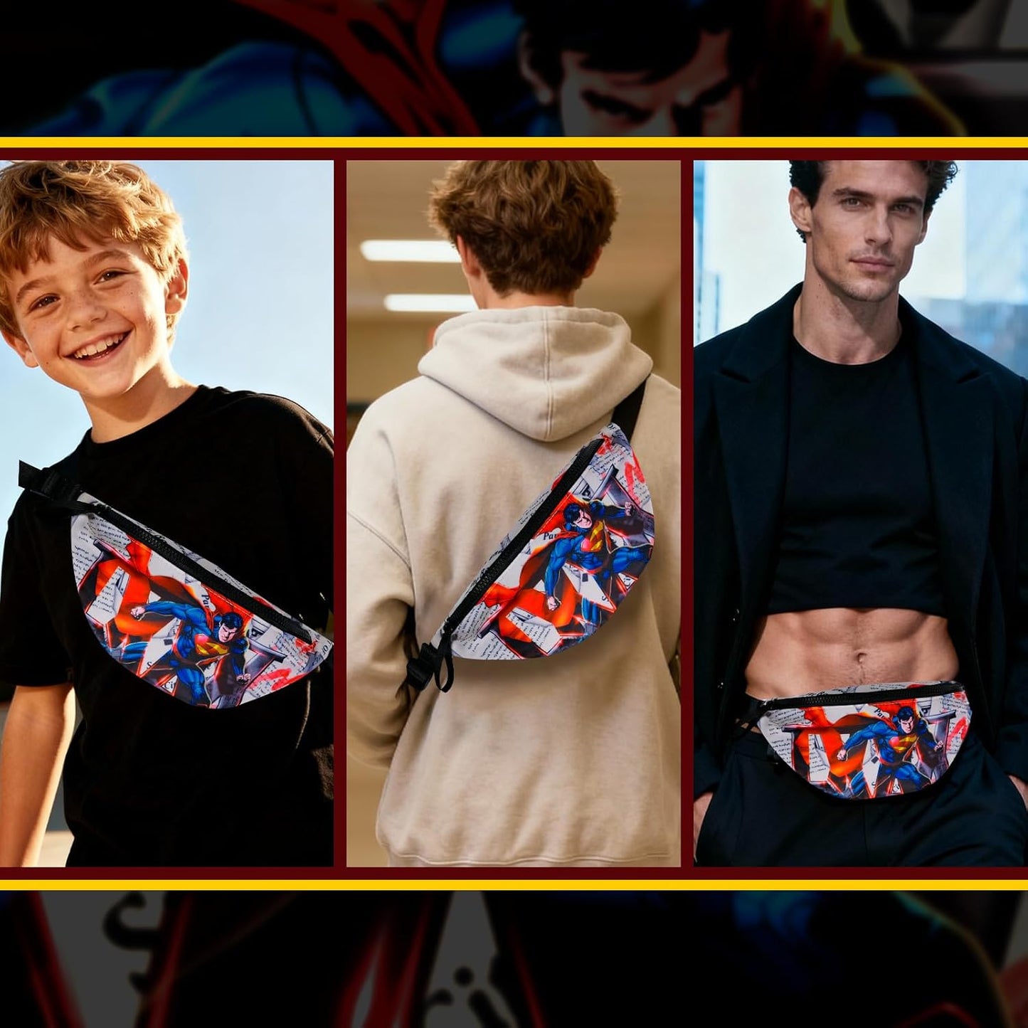 Fashion Cross Body Fanny Pack, Superhero Waist Pack Hands Free Hip Bag for Travel Running Hiking Workout Cycling Christmas Gift
