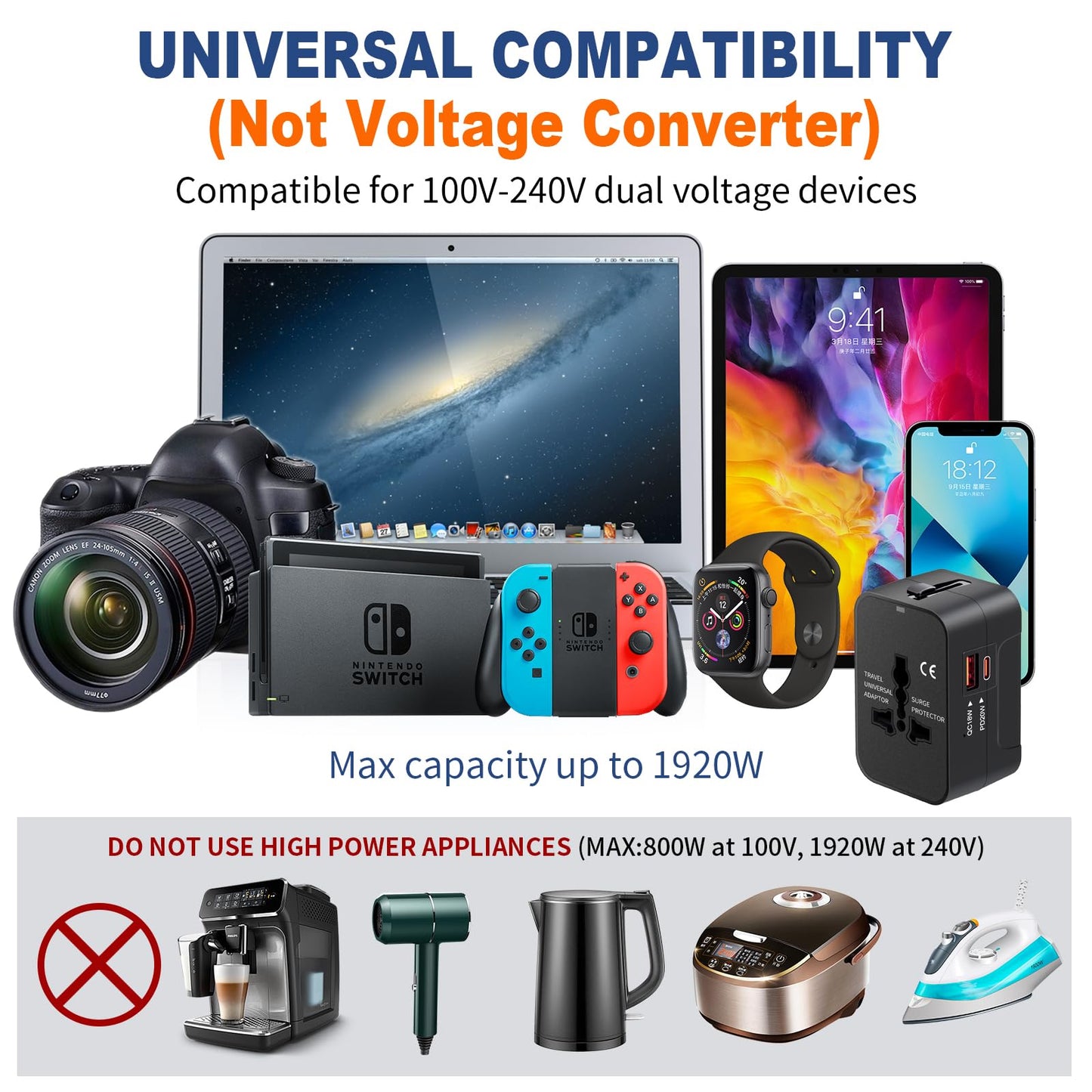 Universal Travel Adapter USB C, All in One Worldwide Plug Adapter, Black