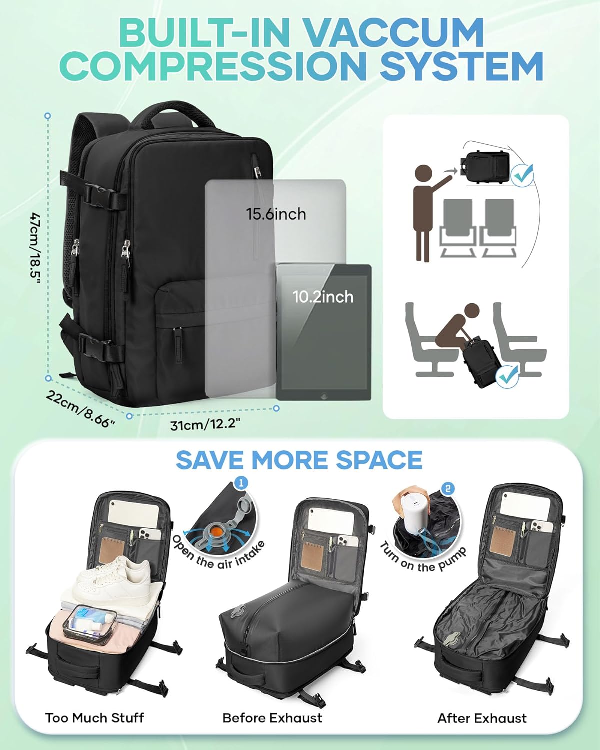 Vacuum Backpack Travel with Pump, Vacuum Seal Backpack 18x14x8 Personal Item Travel Bag Spirit Airlines Approved, Casual Daypack Mochila de Viaje Compresion al vacio, Black