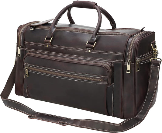 Polare 24" Retro Full Grain Leather Travel Overnight Luggage Weekender Duffel Bag with YKK Zippers