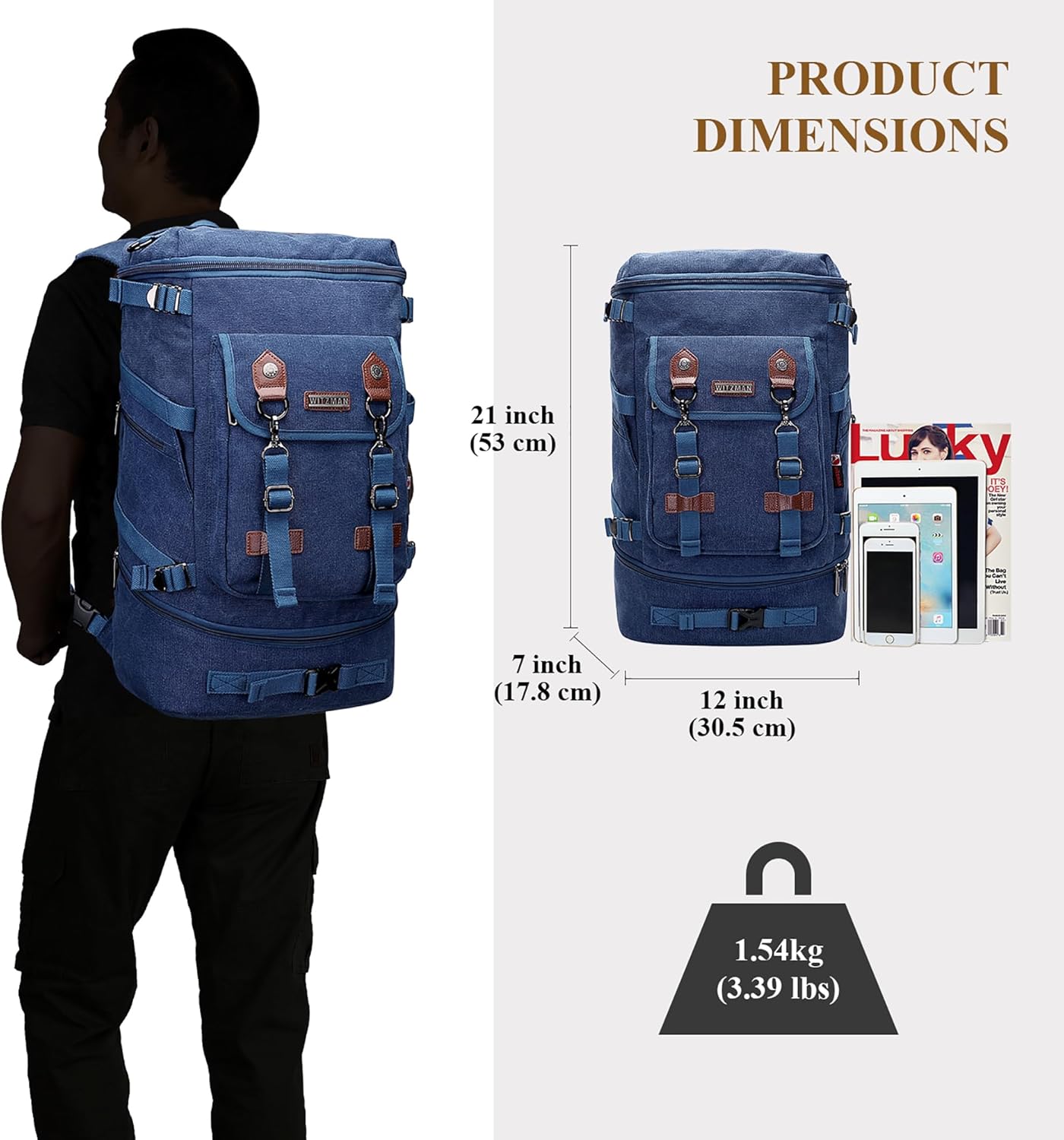WITZMAN Travel Backpack for Men Women Canvas Backpack Carry on Luggage Rucksack Convertible Duffel Bag Large (A568 Blue)