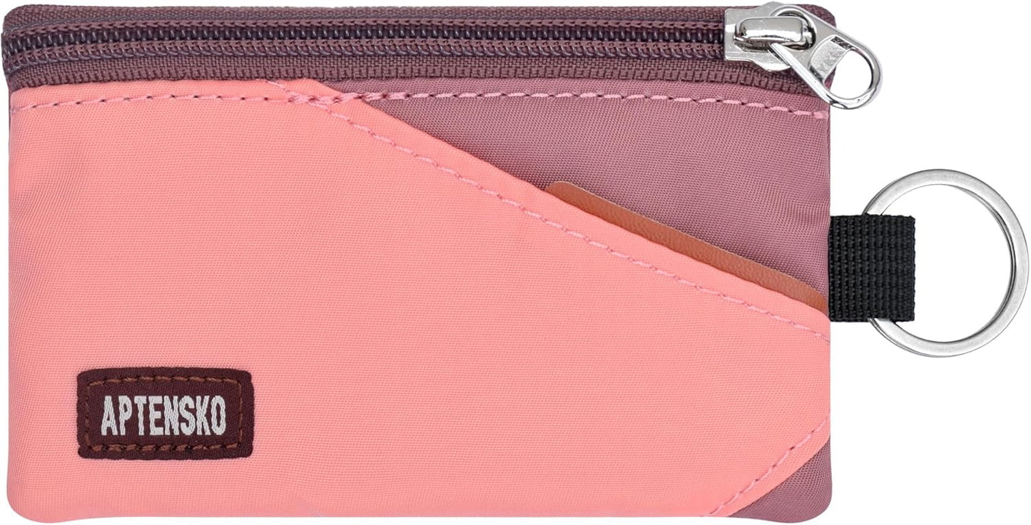 RFID Travel Wallet with Adjustable Lanyard-Zipper Small Wallet with ID Card Holder, Keychain for women&men-Minimalist Slim Waterproof Nylon case for ID, Cash, Key (CoralBlush+Mauve)
