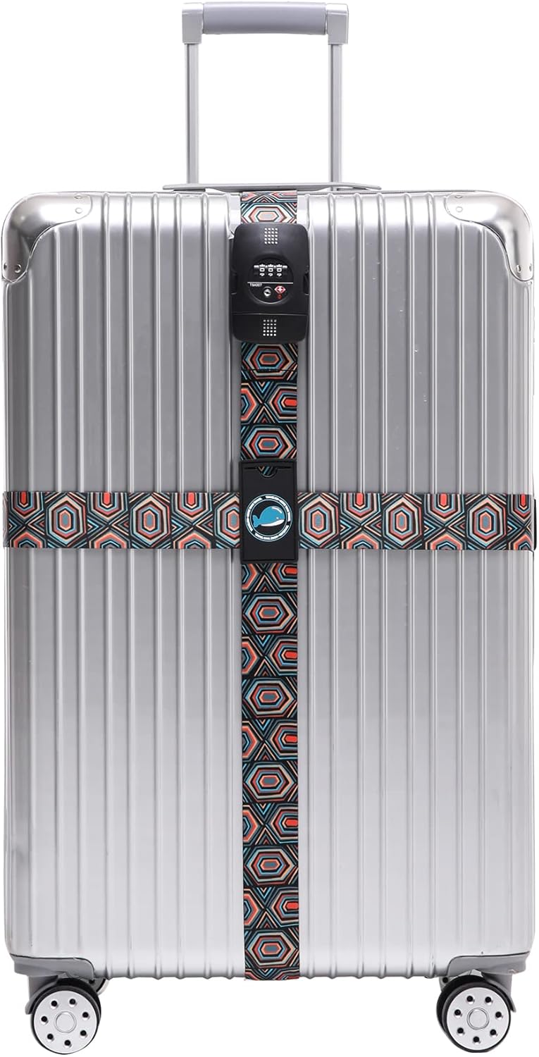 Travelkin Luggage Straps TSA Approved - Adjustable Cross Suitcase Straps with TSA Lock, Reinforced Buckle, Unique Pattern - Secure Heavy Duty Luggage Straps for Travel (Geometry)