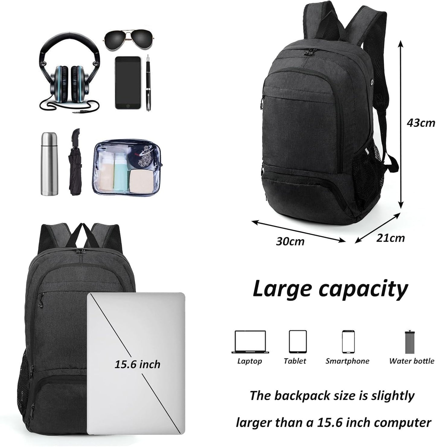TANTOMI Small Hiking Backpack 25L Ultralight Foldable Camping Backpack Breathable Travel Backpacks Hiking Daypack for Men Women (Black)