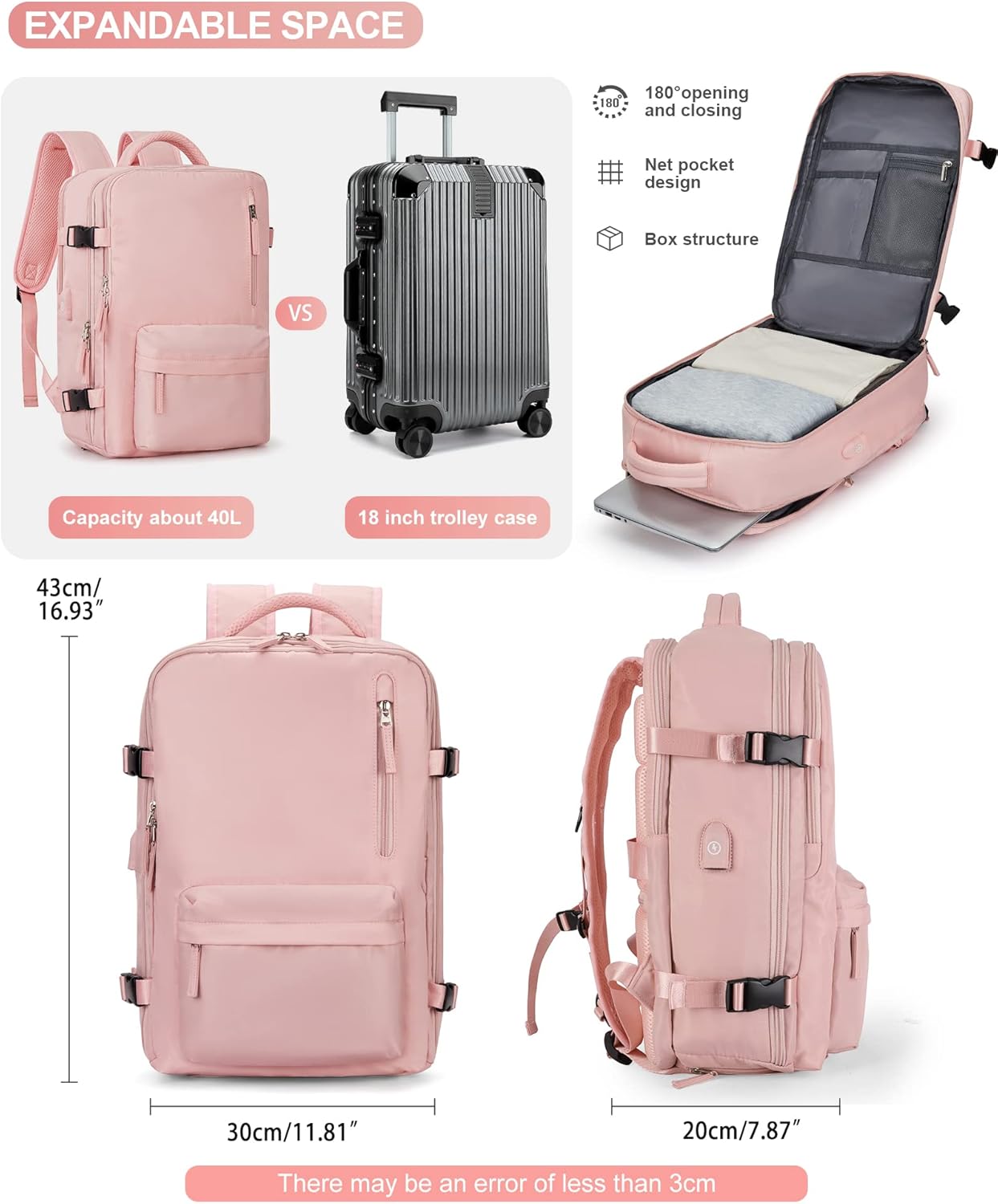 VGCUB Large Travel Backpack Bag for Women Men,Carry on Backpack,17 Inch Laptop Business Work Waterproof Backpack with Laptop Compartment,Person Item Flight Approved,Mochila de Viaje,Pink