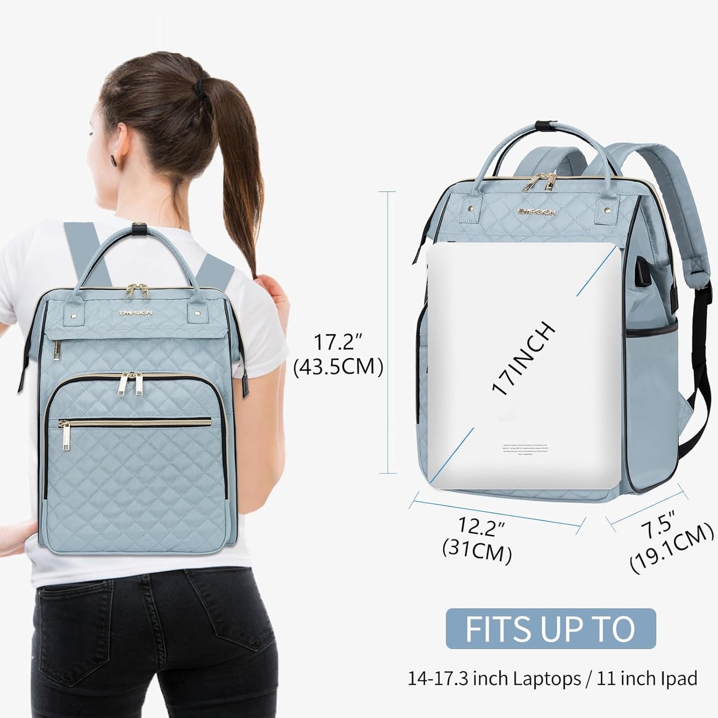 EMPSIGN 17 Inch Laptop Backpack for Women, Work Business Travel Computer College Bags, Large Capacity Water-repellent Quilted Casual Daypack with USB Port, Light Blue