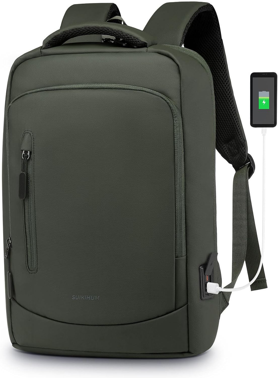 Shockproof Slim Laptop Backpack for Man, Fits 15.6" Laptops, Water Resistant Business Bag with USB A/C Port & Anti-Theft Pocket, Green