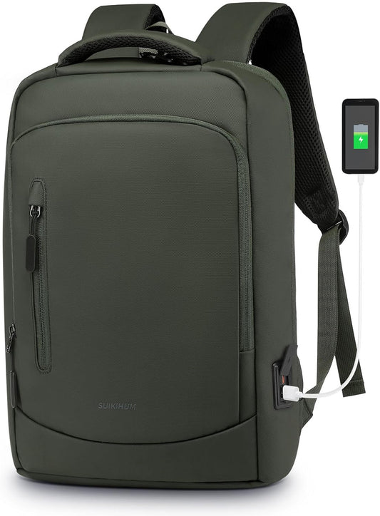 Shockproof Slim Laptop Backpack for Man, Fits 15.6" Laptops, Water Resistant Business Bag with USB A/C Port & Anti-Theft Pocket, Green