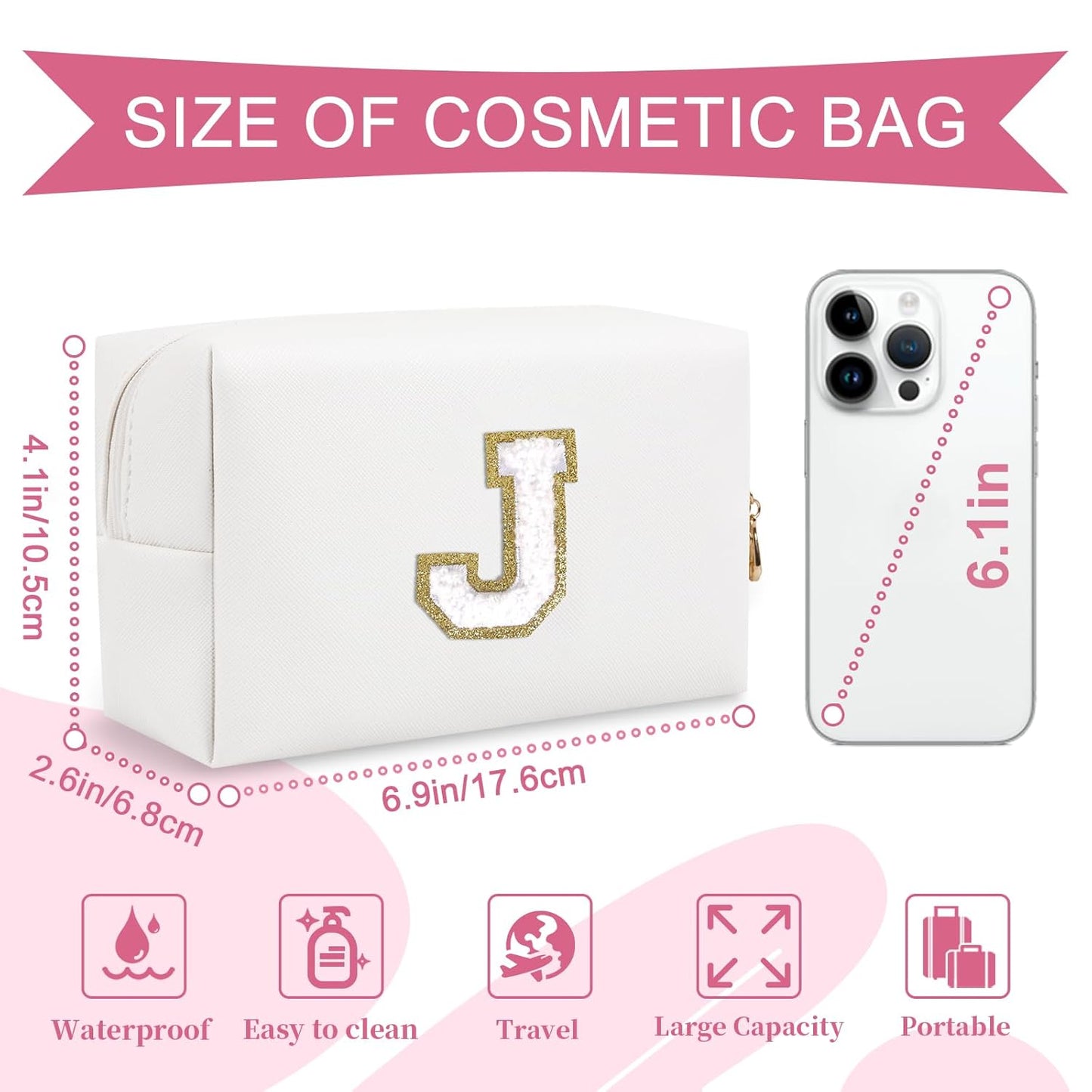 Small Personalized Initial A-Z Preppy Patch Makeup Bag,White PU Chenille Letter Travel Cosmetic Pouch with Zipper,Cute Toiletry Bag,Gift Ideal for Teen Girls Women Teacher Bridesmaid,Letter J