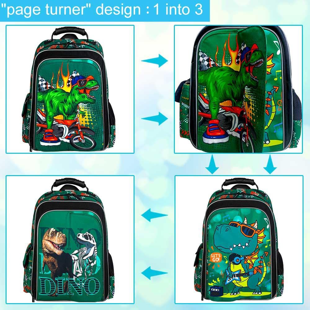 KLFVB 3PCS Cat Uni Dinosaur Backpack for Girls and Boys, 16" Kids Bookbag and Lunch Box, Preschool Backpacks for Elementary
