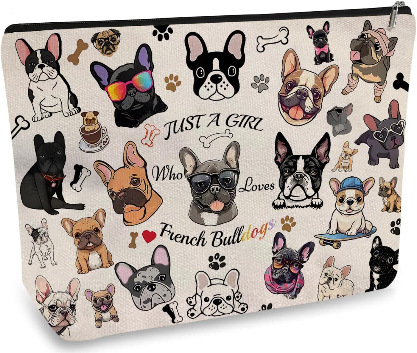 DOOX French Bulldog Makeup Bags with Lining, Funny Cosmetic Bags Pencil Pouch - Double-Sided Print - Cute Birthday & Christmas French Bulldog Gifts for Daughter, Sister, Women