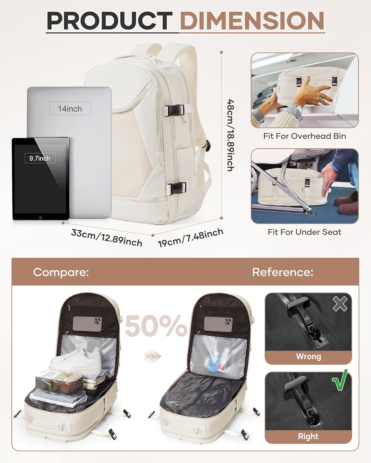 Vacuum Backpack Travel with Pump, Expandable Travel Backpack with Vacuum System, Vacuum Compression Bags Personal Item Carry On Suitcase Luggage Flight Approved Backpacks for Women Men, Beige