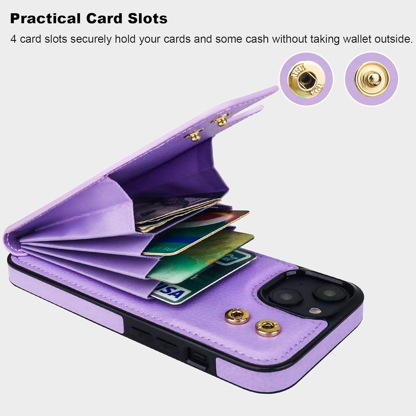 Folosu Compatible with iPhone 14 Plus Case Wallet with Card Holder, 360°Rotation Finger Ring Holder Kickstand, RFID Blocking Leather Protective Double Buttons Shockproof Cover 6.7 Inch Purple