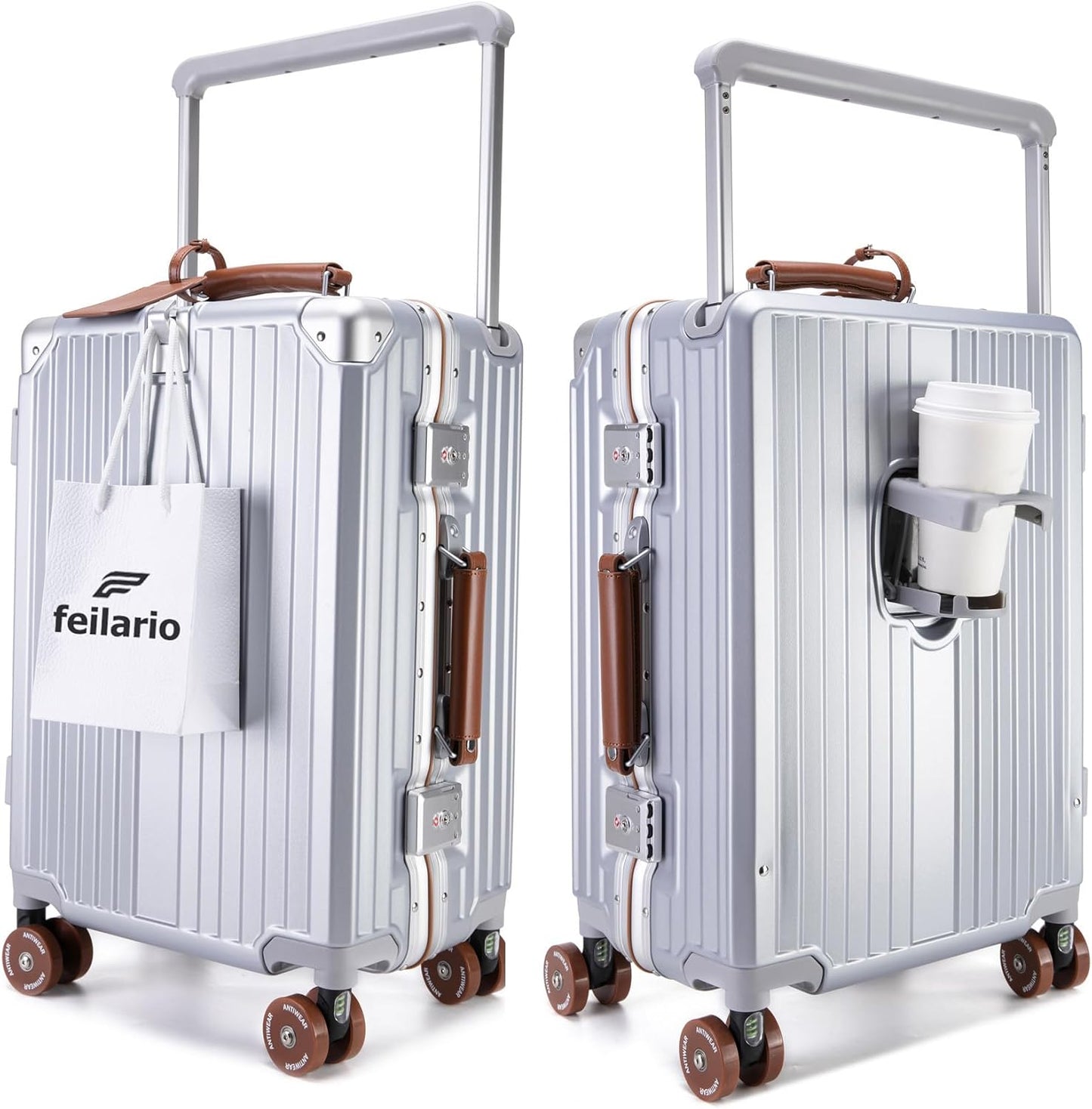 feilario 20" Aluminum Frame Wide Handle Hard Shell Carry On Suitcase - Vivid Colors Double Spinner Wheels Airline Approved Rolling Luggage with TSA Lock & Cup Holder (Silver, 20in)