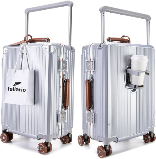 feilario 20" Aluminum Frame Wide Handle Hard Shell Carry On Suitcase - Vivid Colors Double Spinner Wheels Airline Approved Rolling Luggage with TSA Lock & Cup Holder (Silver, 20in)