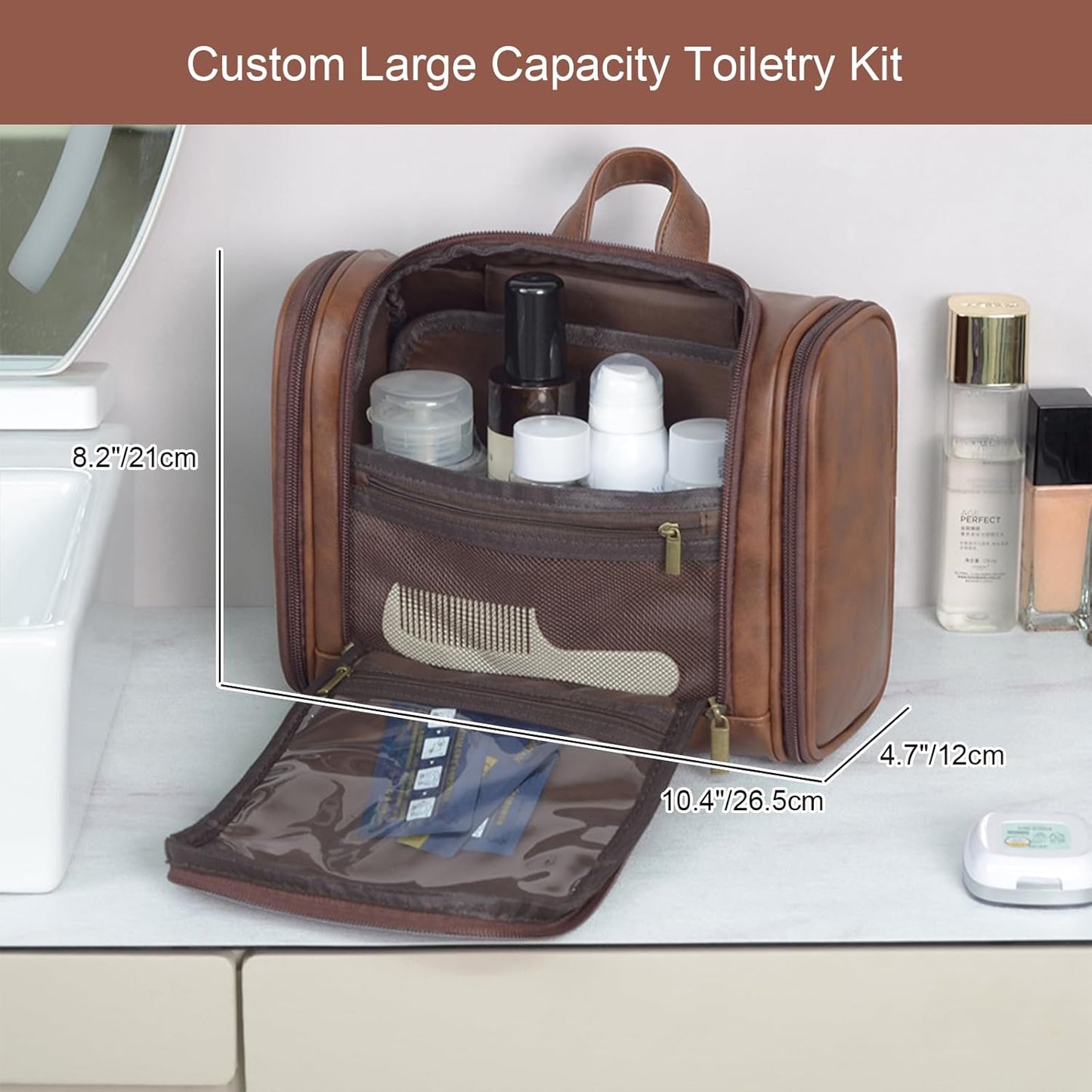 Personalized Toiletry Bag For Men, Large Capacity Travel Doop Kit, Vintage Color PU Leather, Custom Name Initials, Gifts for Dad, Husband, Boyfriend, Groomsmen, Birthday (Style 4)