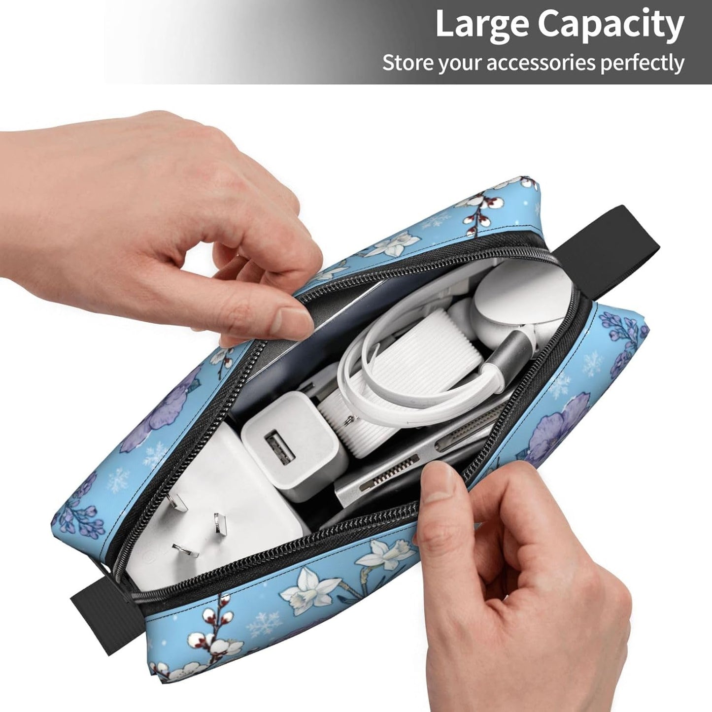 Frosted Winter Flowers Makeup Bag Organizer Compact & Durable Blue Floral Travel Cosmetic Bag Oxford Fabric Impact-Resistant Multi-Purpose Storage Perfect for Travel, Gym, Daily Use